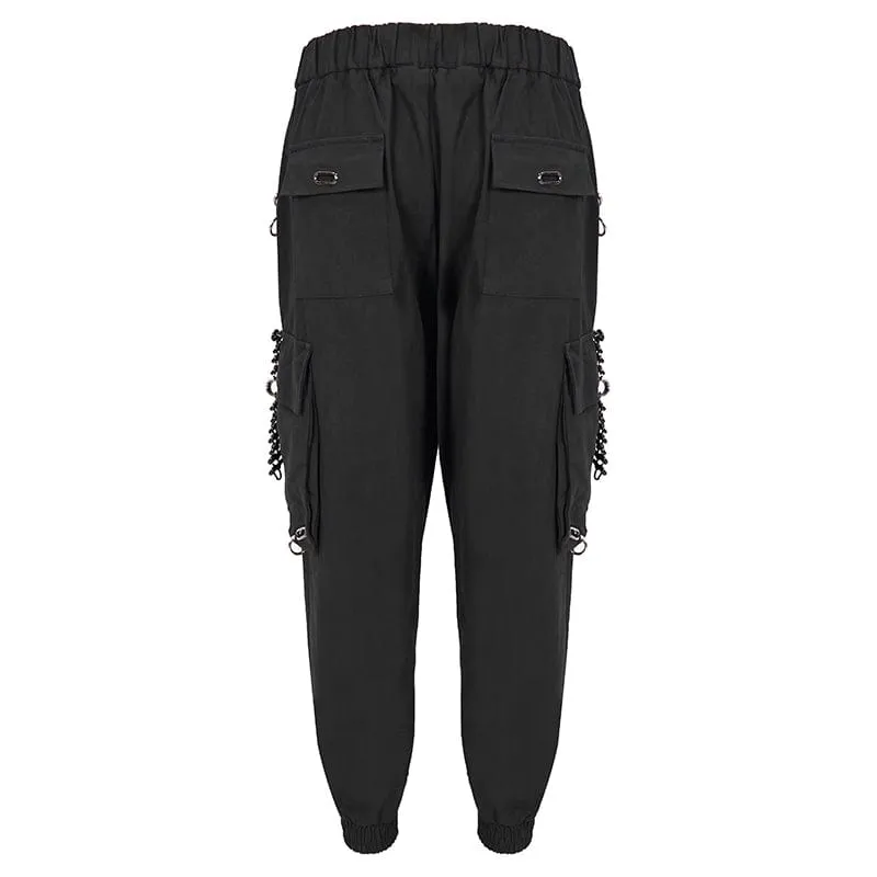 Men's Punk Big-pocket Eyelets Jogger Pants with Strap Belt