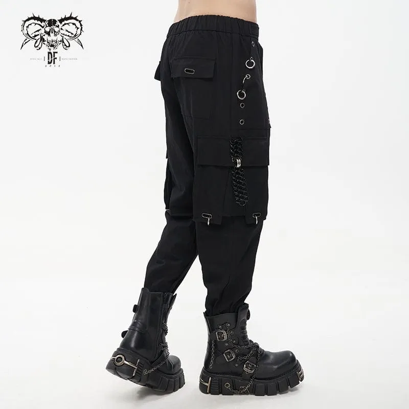 Men's Punk Big-pocket Eyelets Jogger Pants with Strap Belt