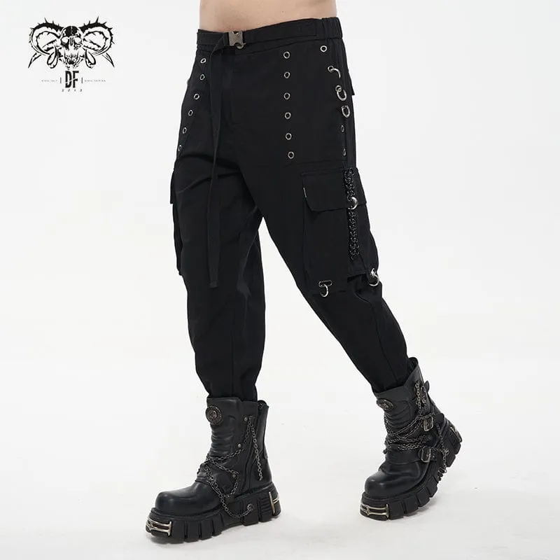 Men's Punk Big-pocket Eyelets Jogger Pants with Strap Belt