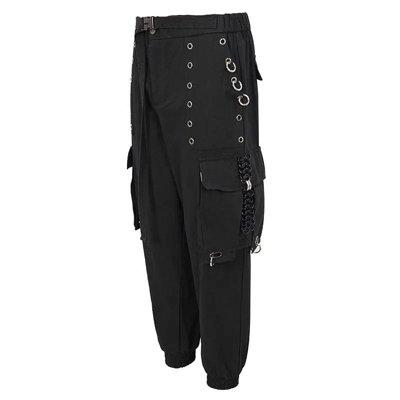 Men's Punk Big-pocket Eyelets Jogger Pants with Strap Belt