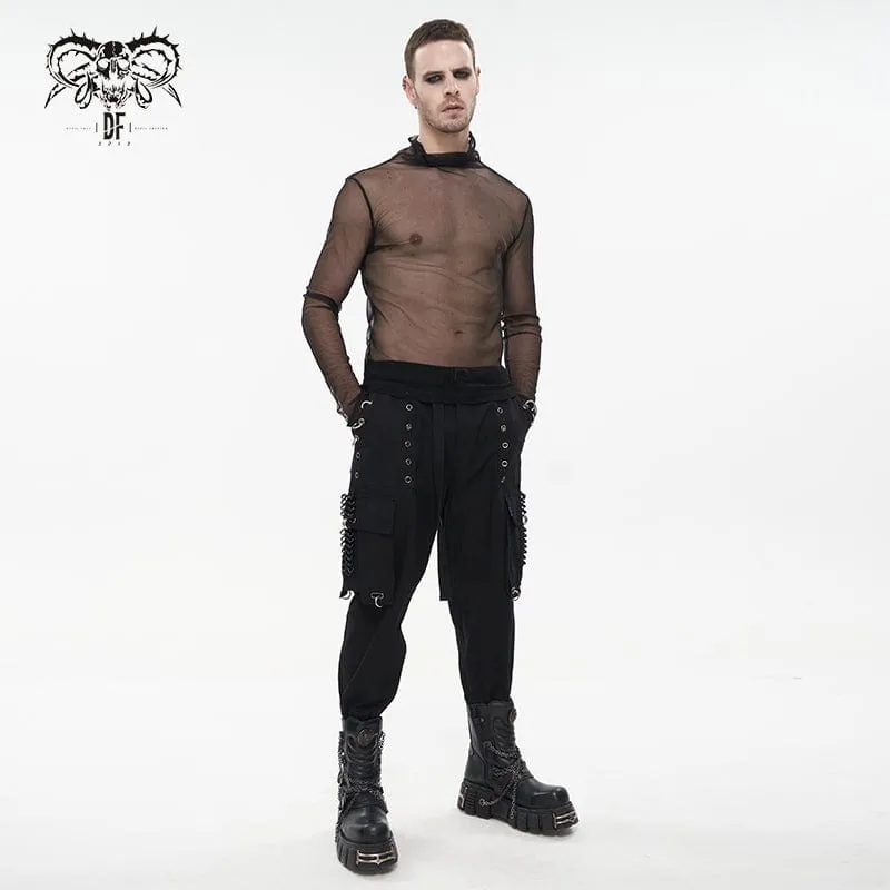 Men's Punk Big-pocket Eyelets Jogger Pants with Strap Belt