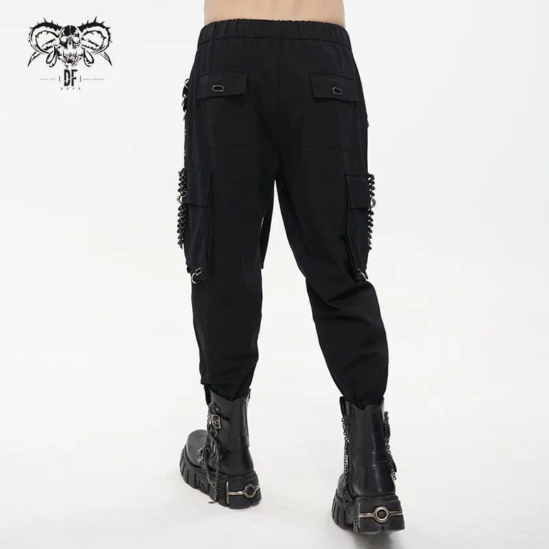 Men's Punk Big-pocket Eyelets Jogger Pants with Strap Belt