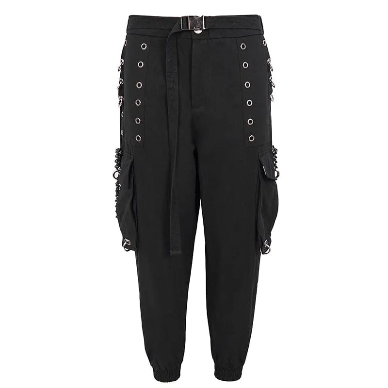 Men's Punk Big-pocket Eyelets Jogger Pants with Strap Belt