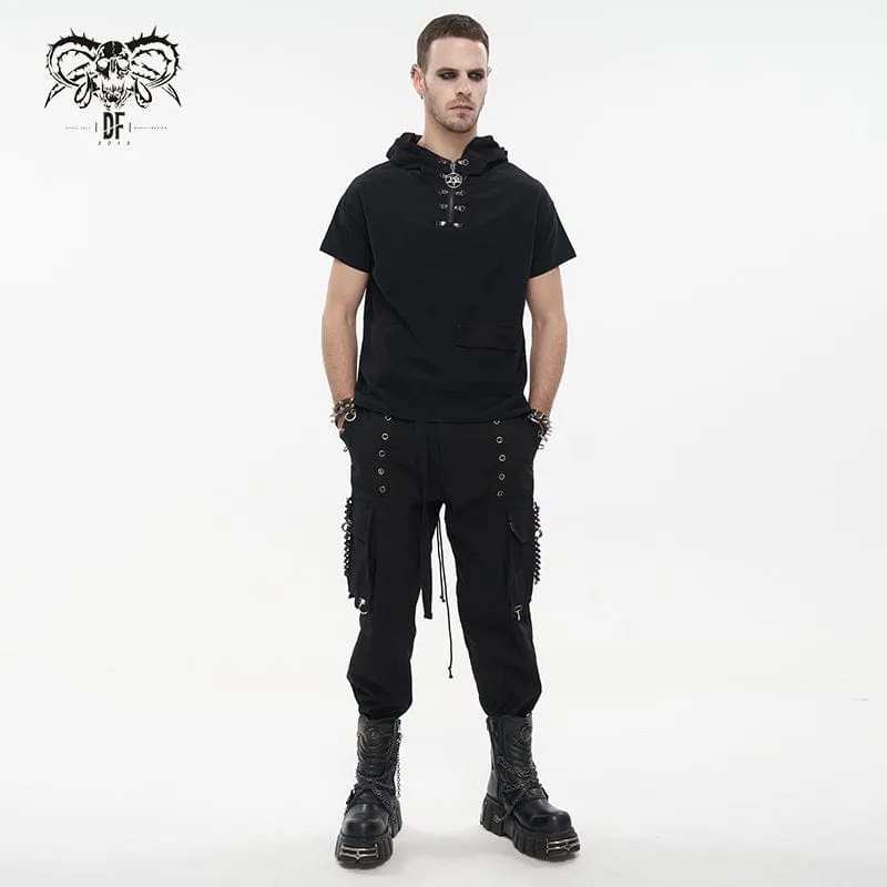 Men's Punk Big-pocket Eyelets Jogger Pants with Strap Belt
