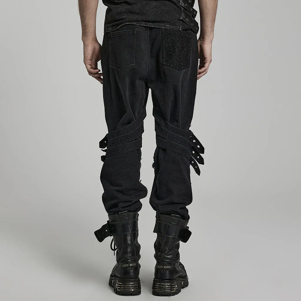 Men's Punk Mesh Splice Strap Pants