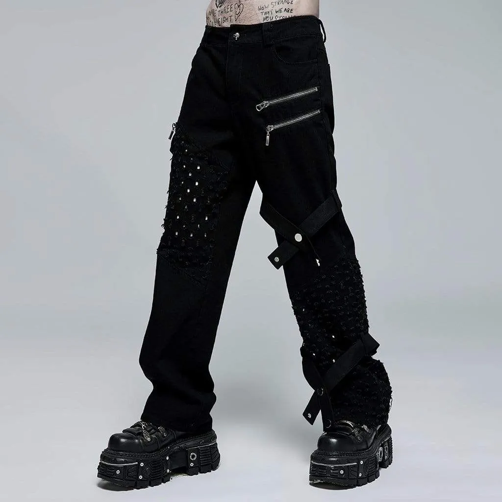Men's Punk Ripped Zipper Straight Pants