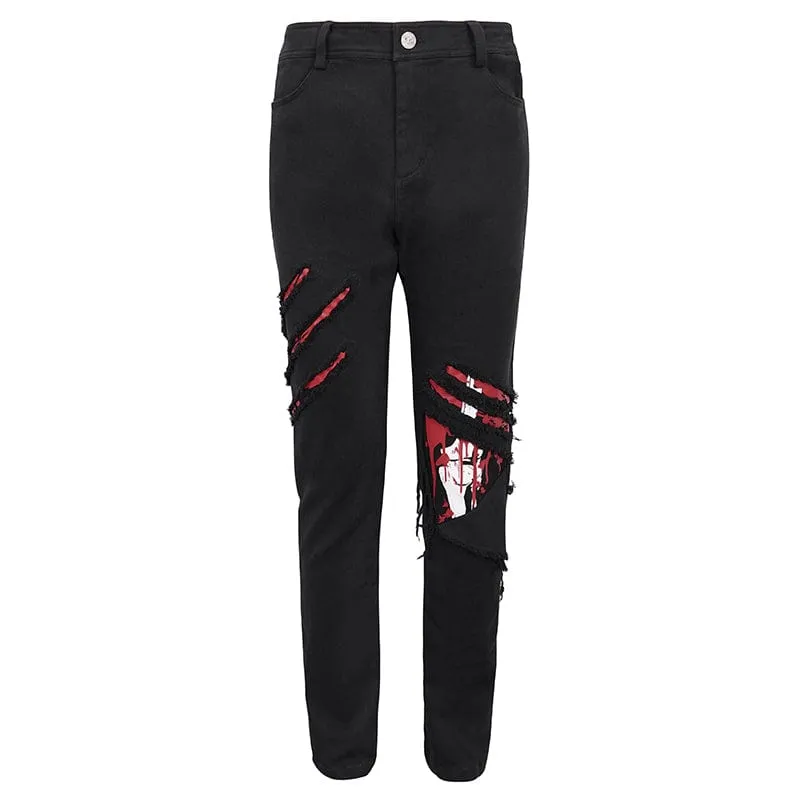Men's Punk Skeleton Printed Ripped Pants