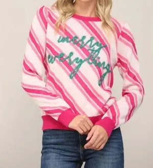 Merry Everything Glitter Striped Sweater In Pink