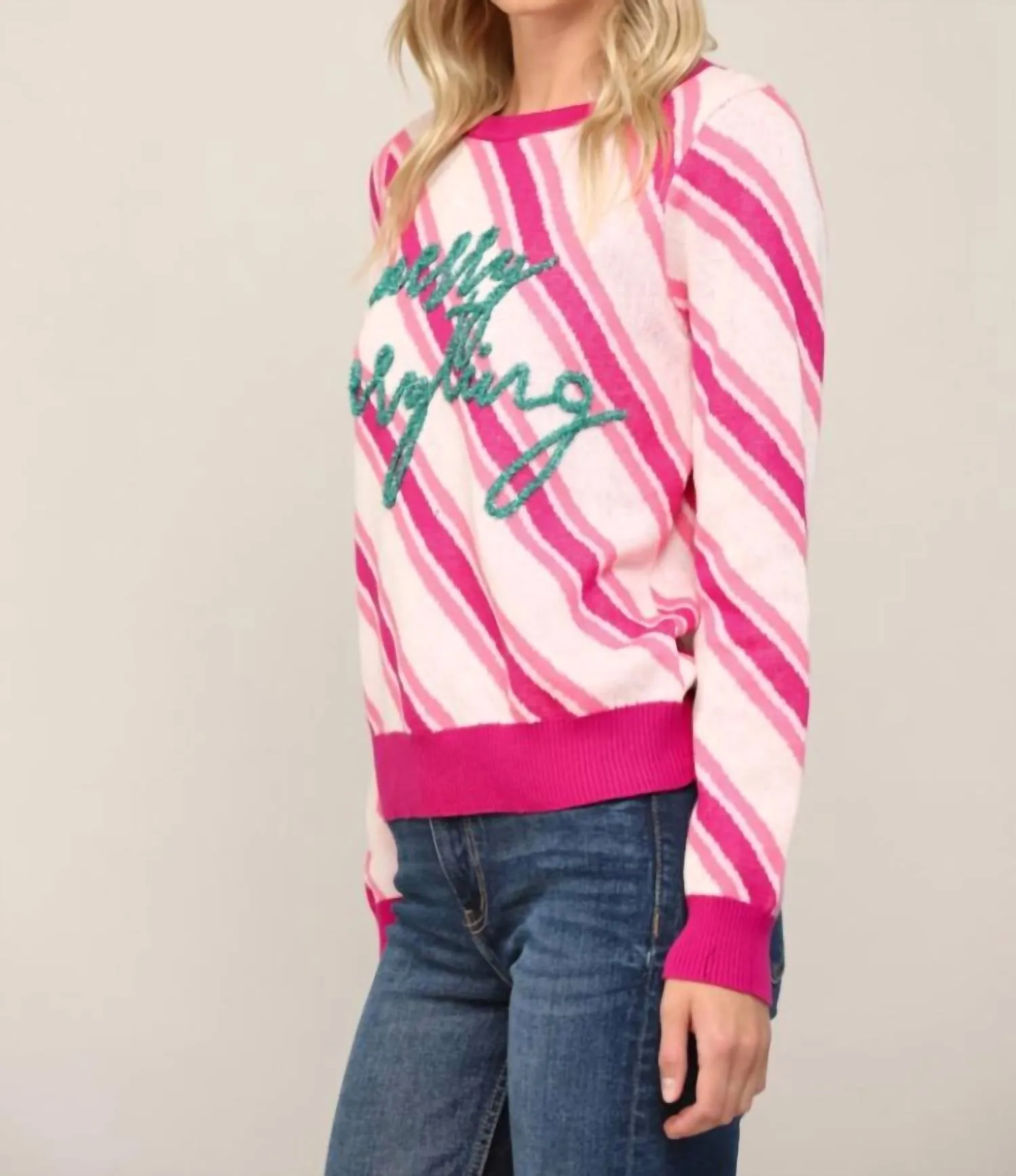 Merry Everything Glitter Striped Sweater In Pink