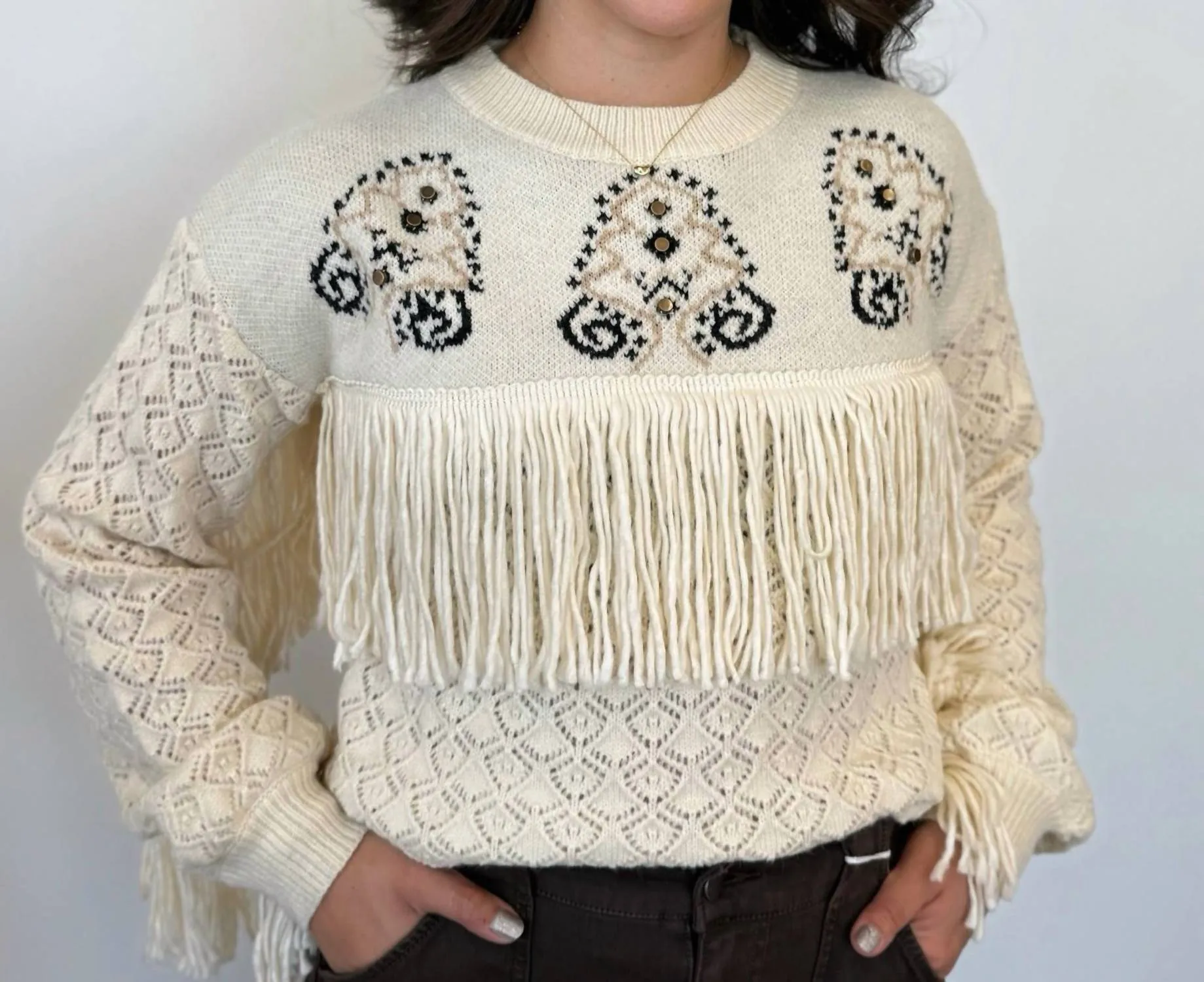 Mika Jacquard Knit Sweater With Fringe Details In Ivory