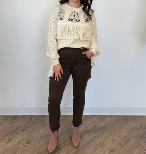 Mika Jacquard Knit Sweater With Fringe Details In Ivory