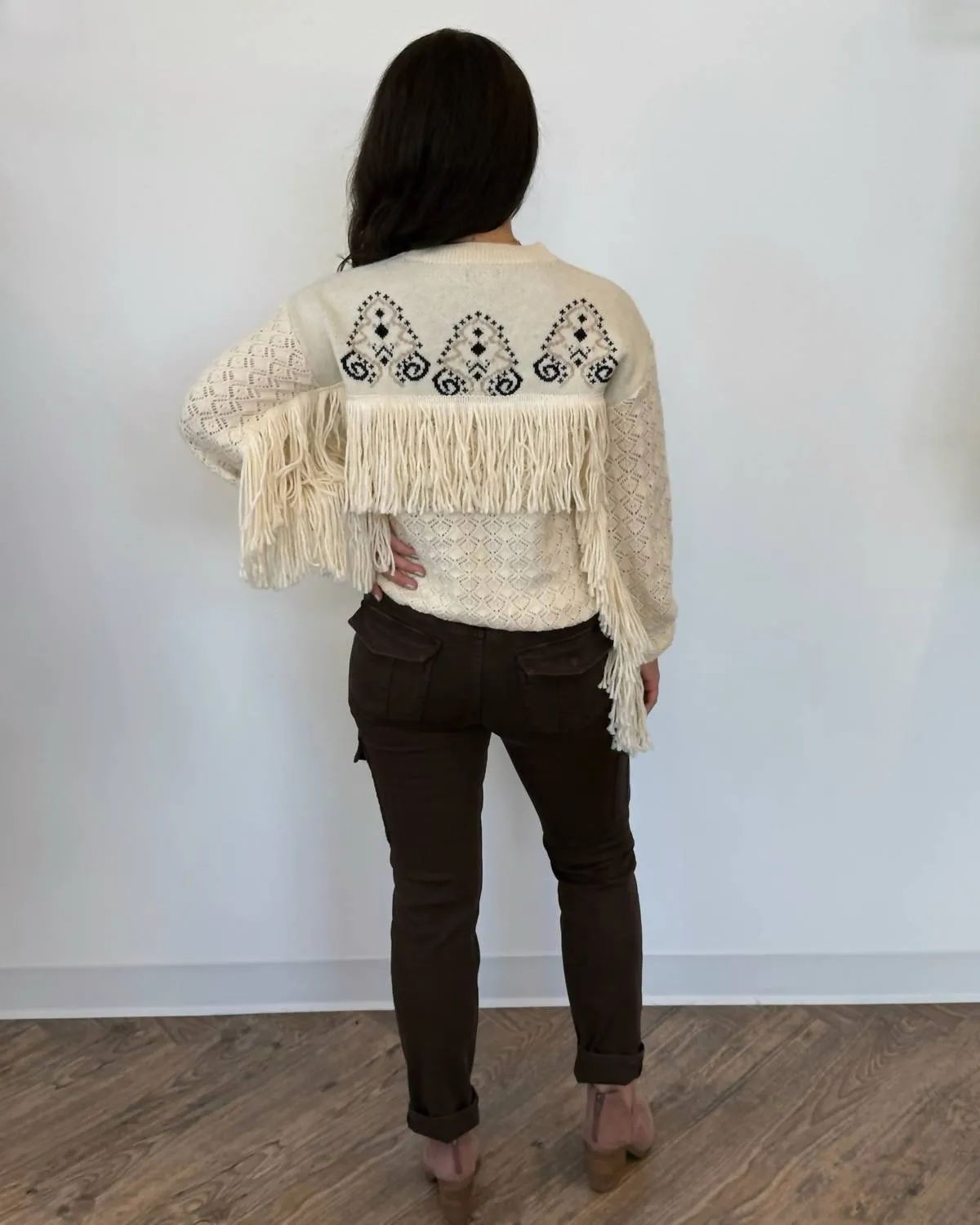 Mika Jacquard Knit Sweater With Fringe Details In Ivory
