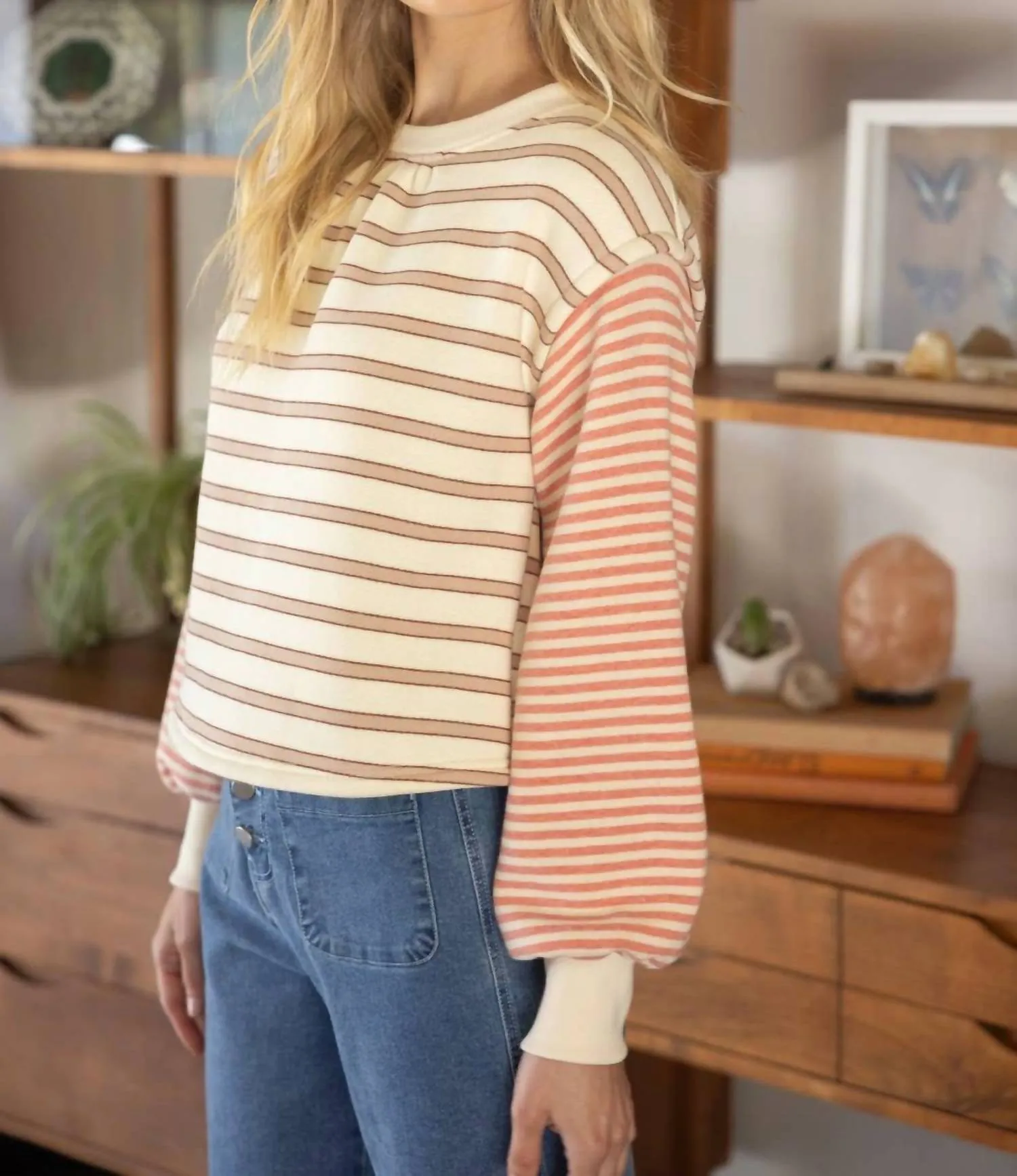 Mixed Striped Long Sleeve Knit Top In Cream Multi