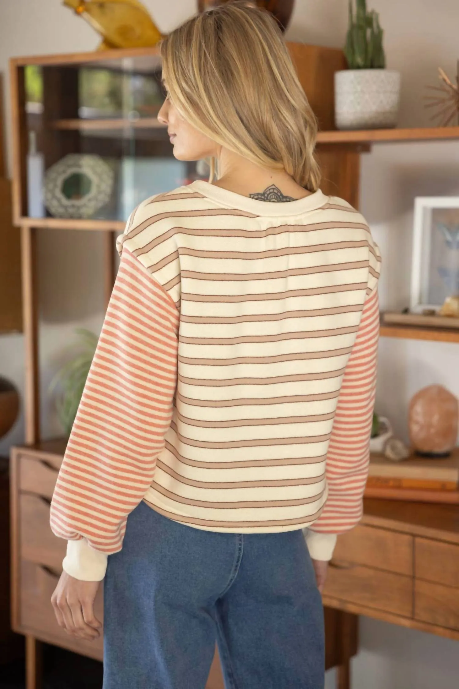 Mixed Striped Long Sleeve Knit Top In Cream Multi
