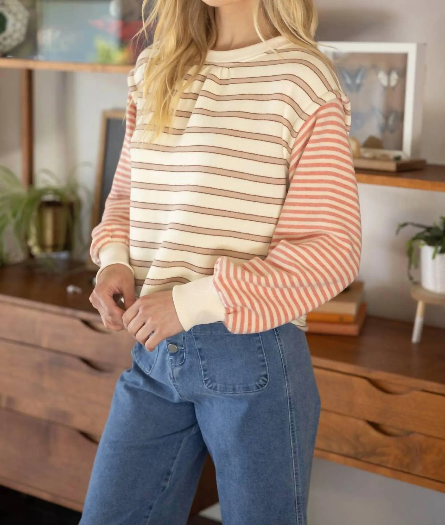 Mixed Striped Long Sleeve Knit Top In Cream Multi