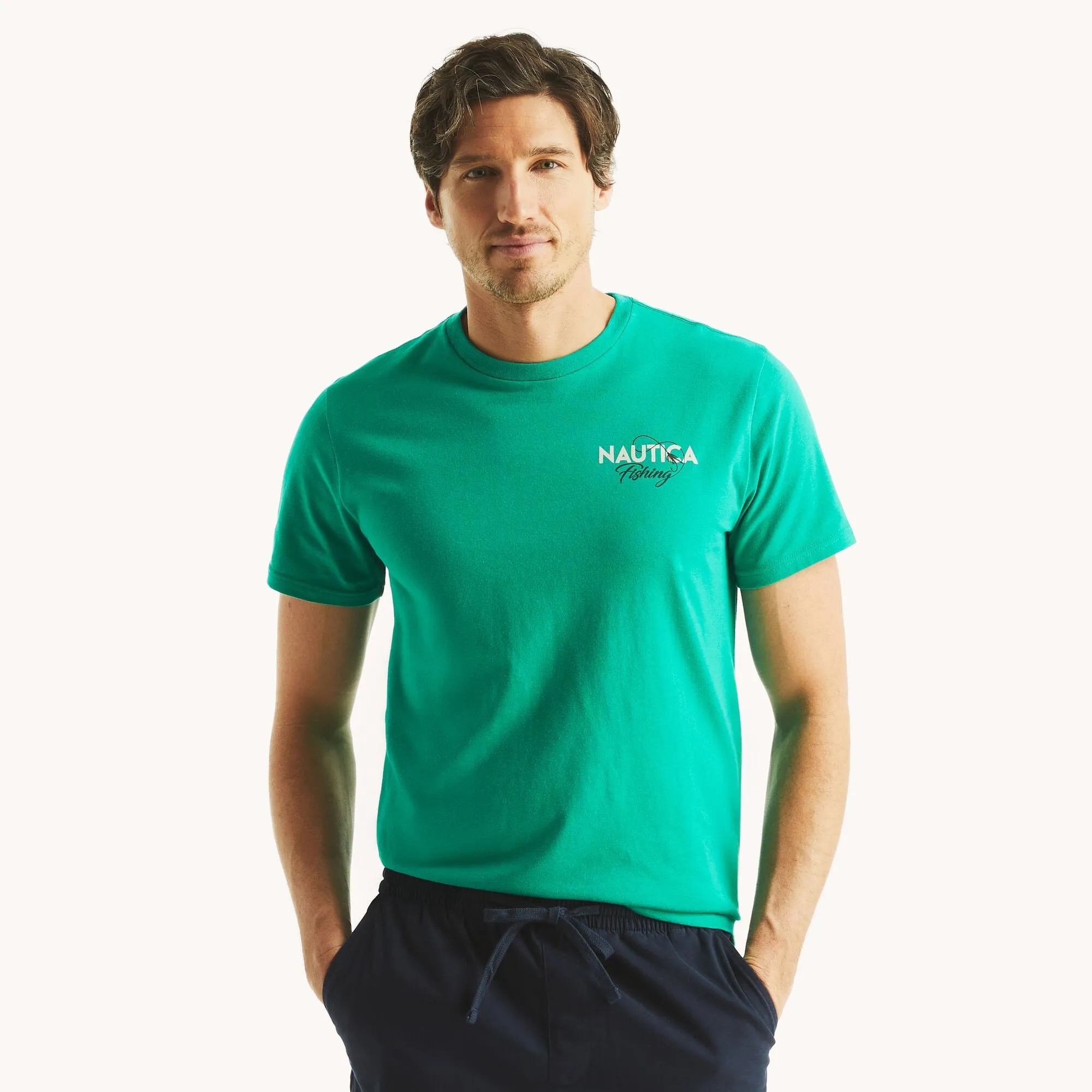 Nautica Mens Less Work More Fishing Graphic T-Shirt