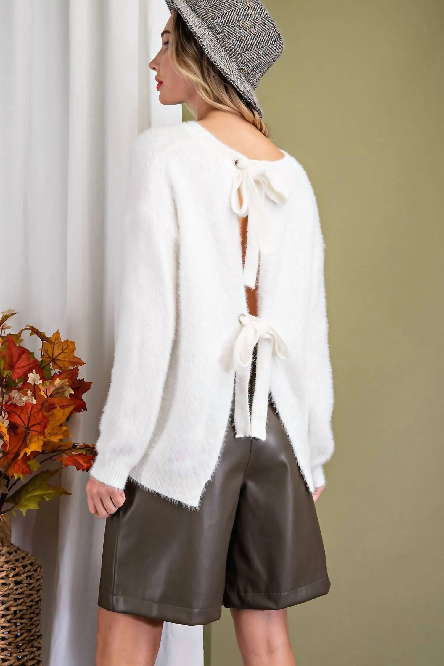 Open Back Tie Sweater In White