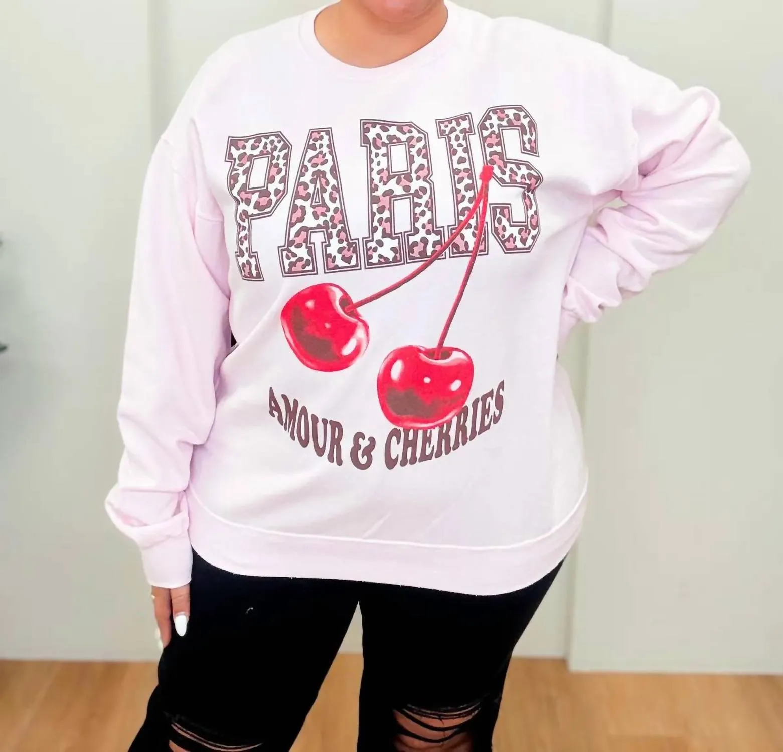 Paris, Amour & Cherries Sweatshirt In Light Pink