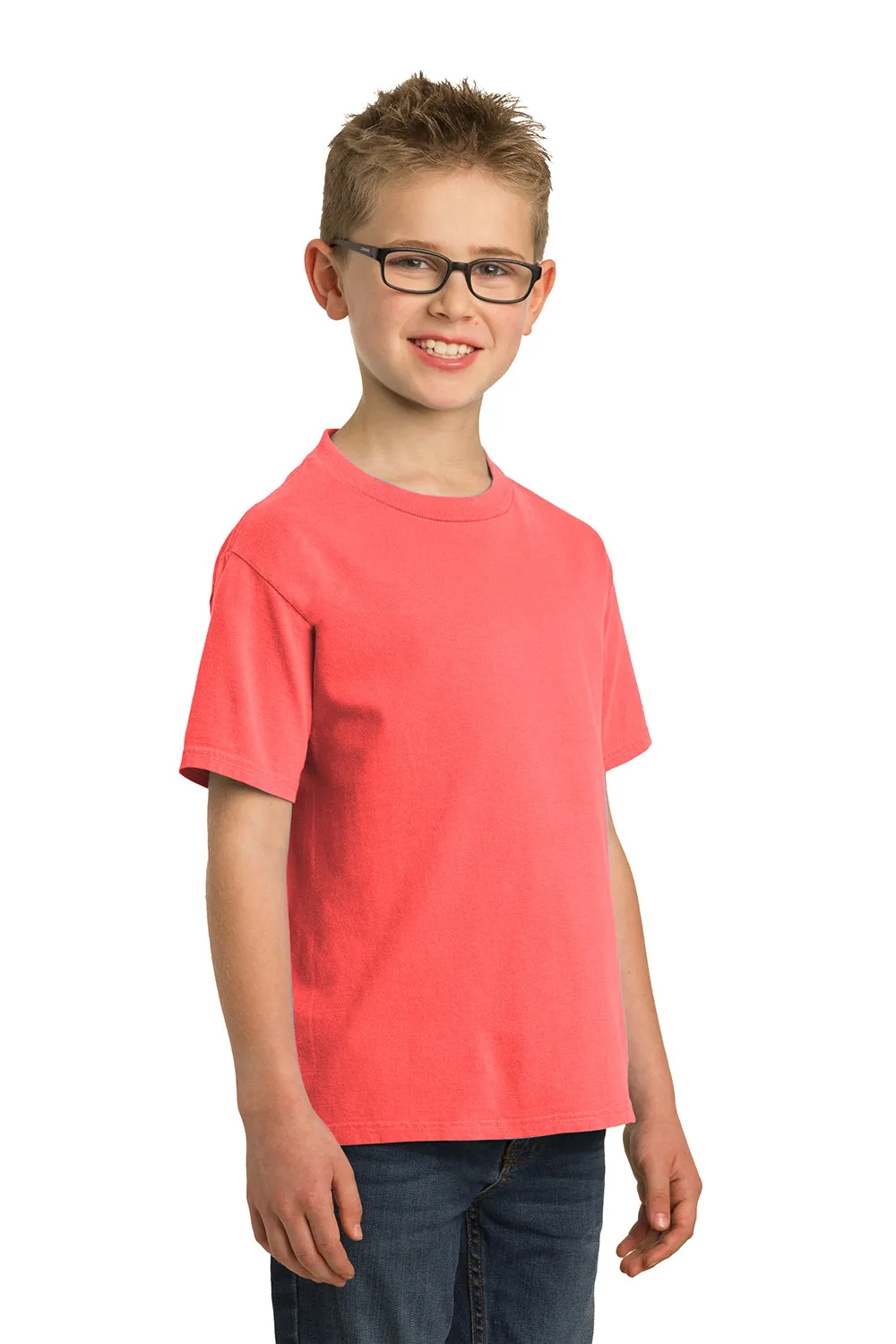 Port & Company Youth Beach Wash Short Sleeve Crewneck T-Shirt - Neon Coral