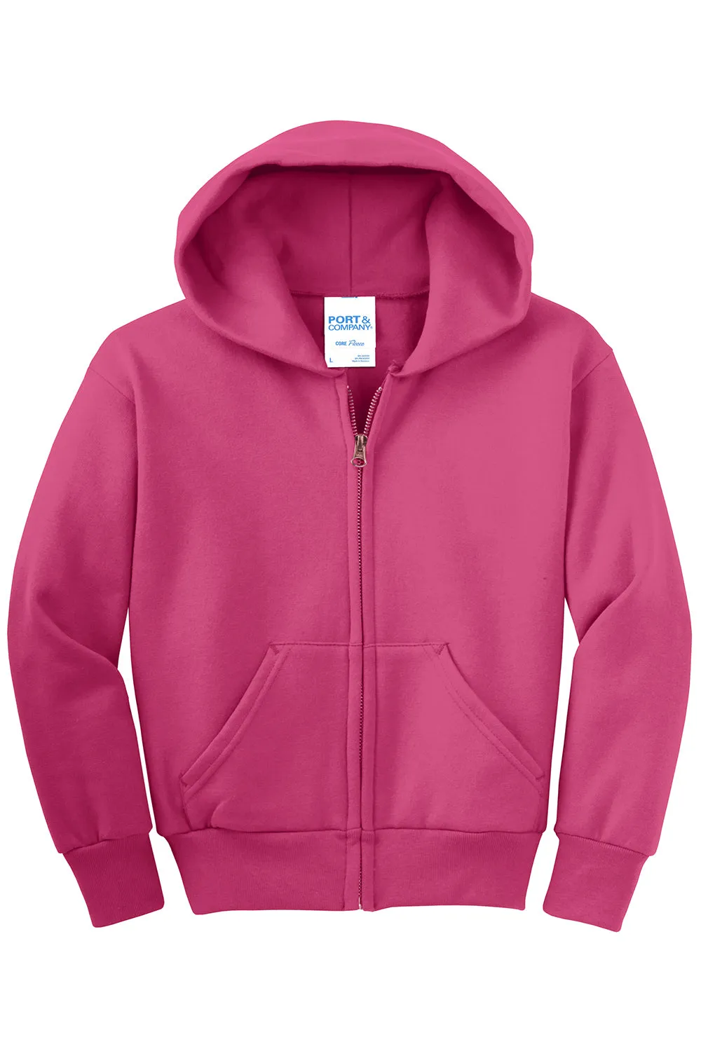 Port & Company Youth Core Pill Resistant Fleece Full Zip Hooded Sweatshirt Hoodie w/ Pockets - Sangria Pink