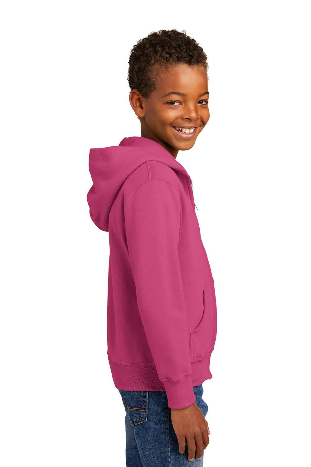 Port & Company Youth Core Pill Resistant Fleece Full Zip Hooded Sweatshirt Hoodie w/ Pockets - Sangria Pink