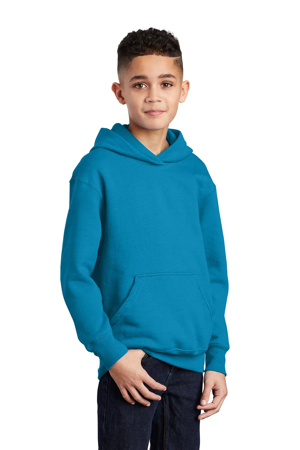 Port & Company Youth Core Pill Resistant Fleece Hooded Sweatshirt Hoodie w/ Pouch Pocket - Neon Blue