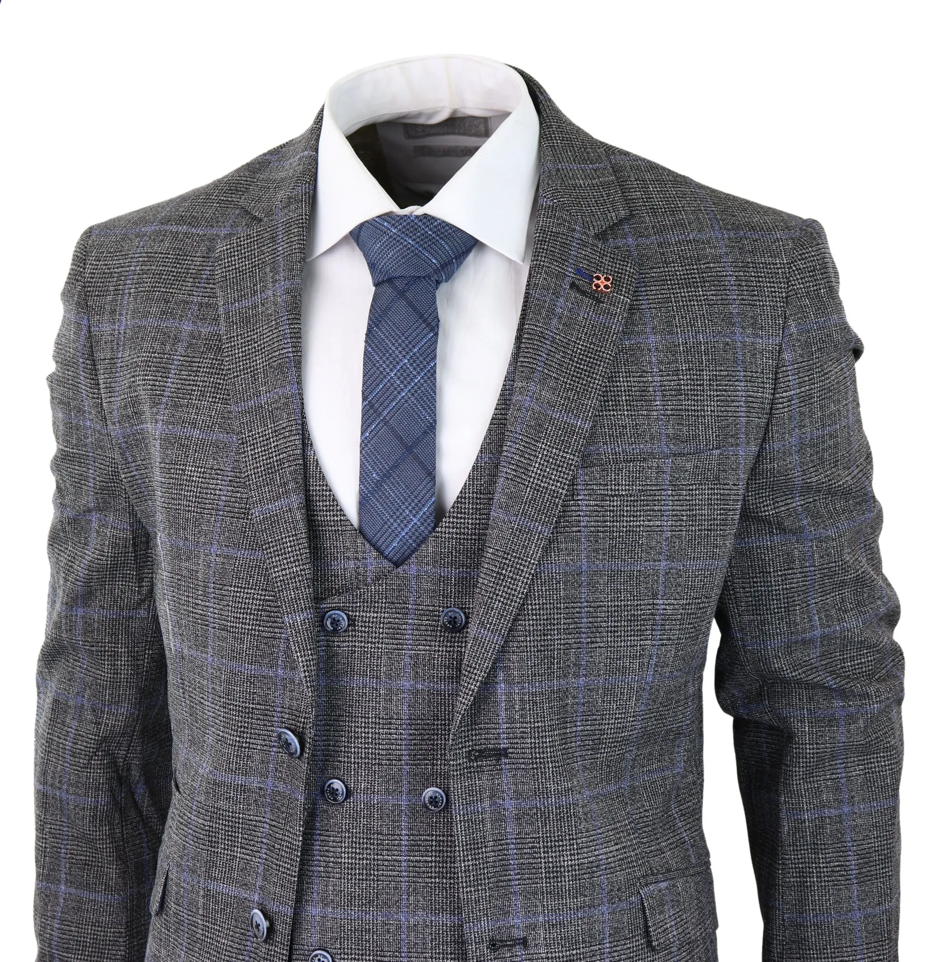 Power 3 Piece Suit Check Grey Double Breasted