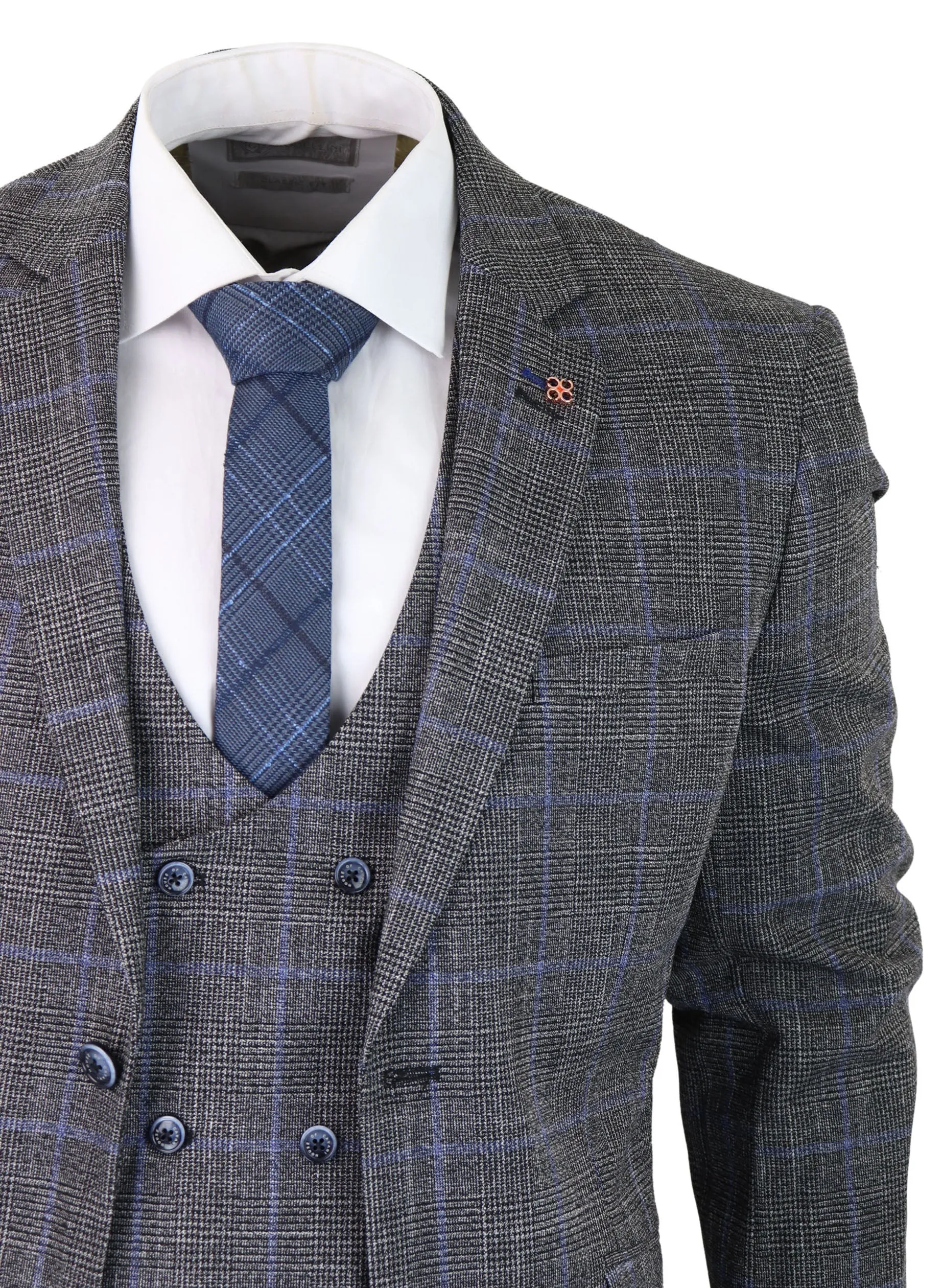 Power 3 Piece Suit Check Grey Double Breasted