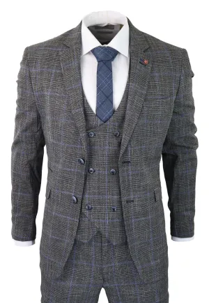 Power 3 Piece Suit Check Grey Double Breasted