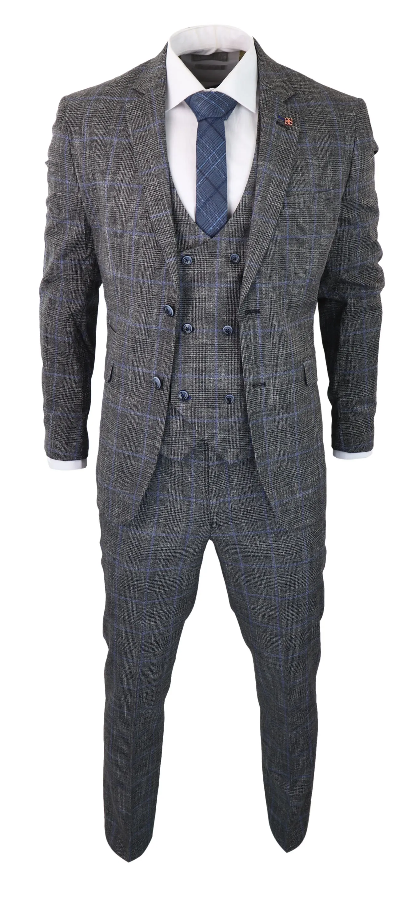 Power 3 Piece Suit Check Grey Double Breasted