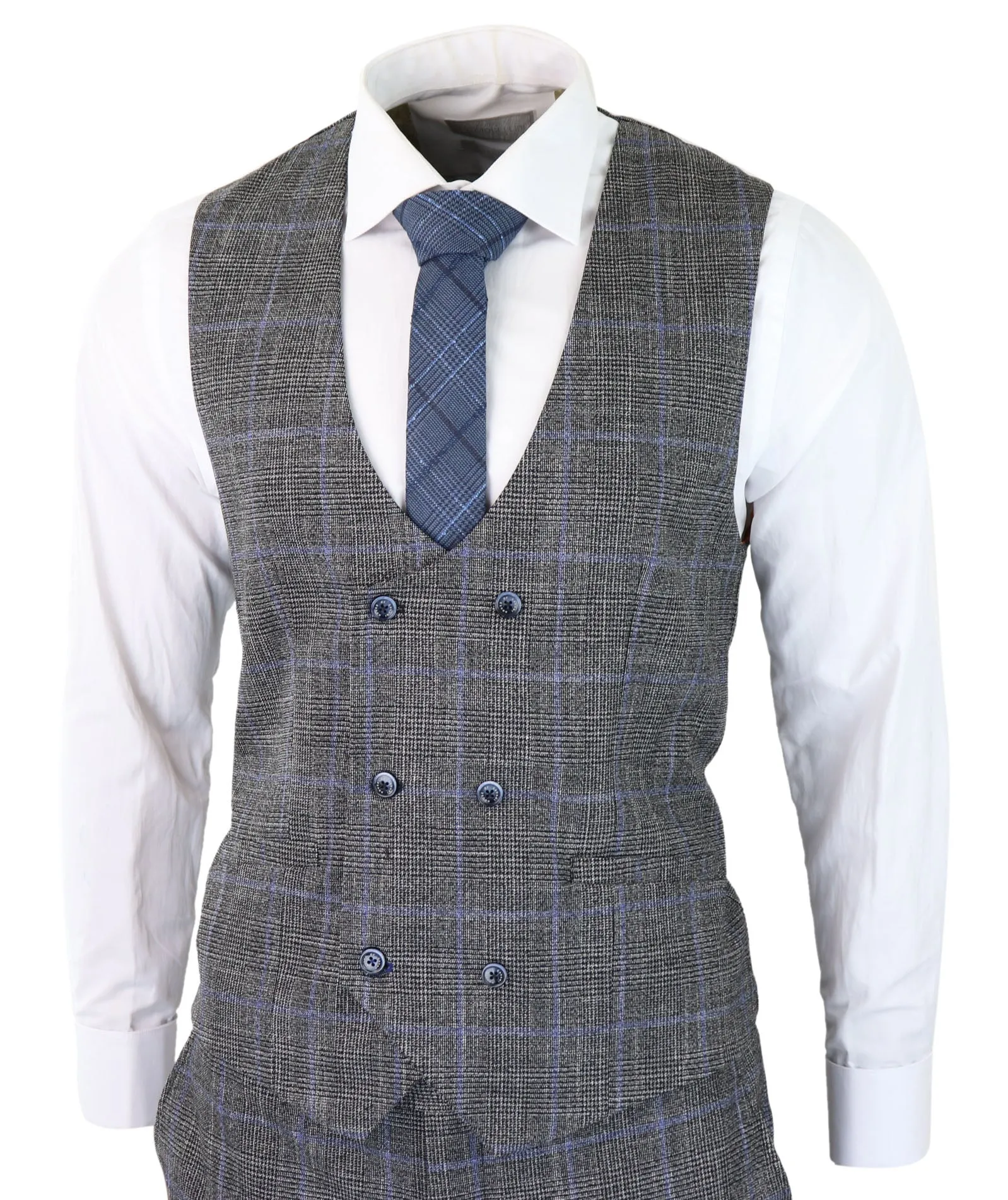 Power 3 Piece Suit Check Grey Double Breasted