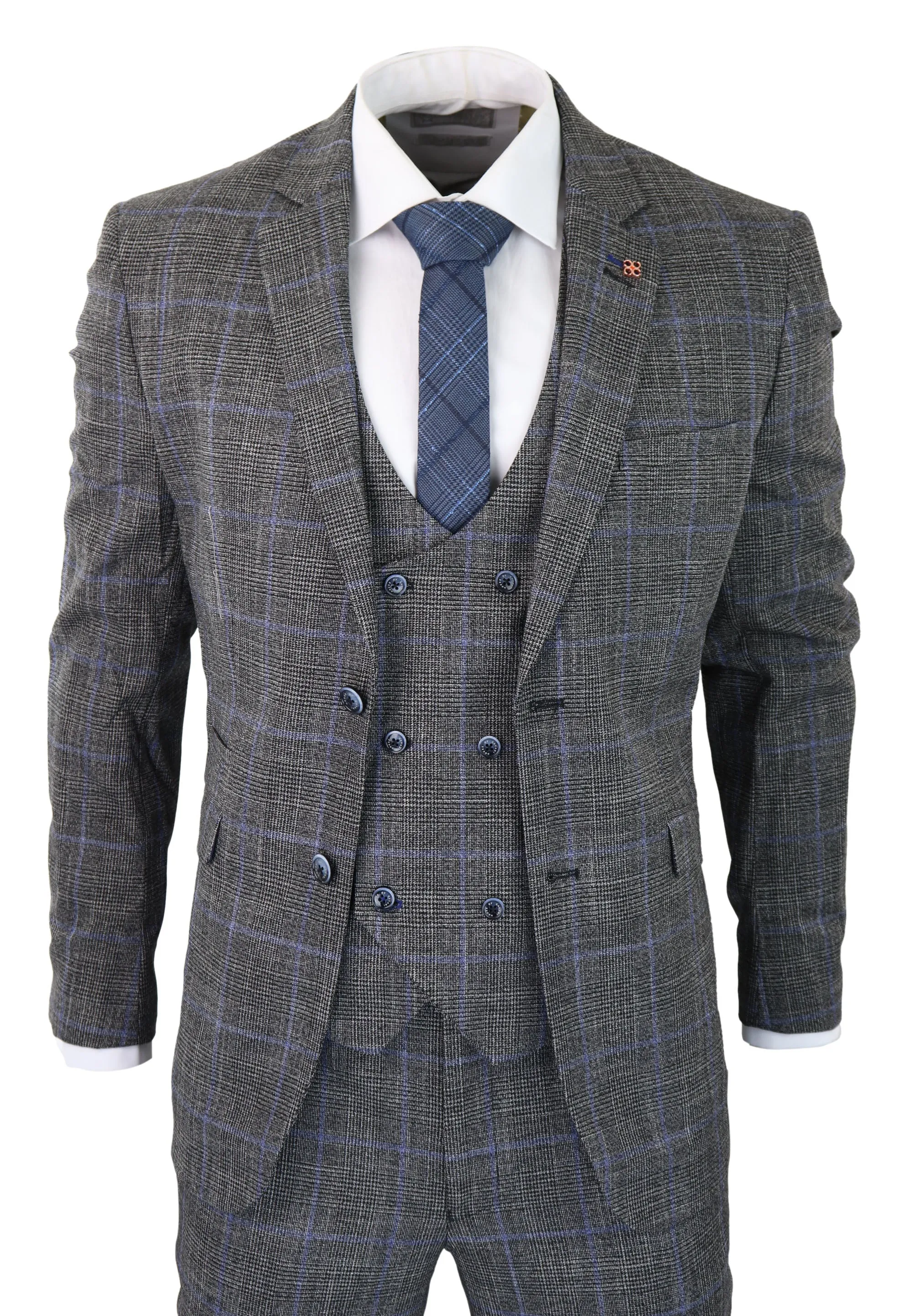 Power 3 Piece Suit Check Grey Double Breasted