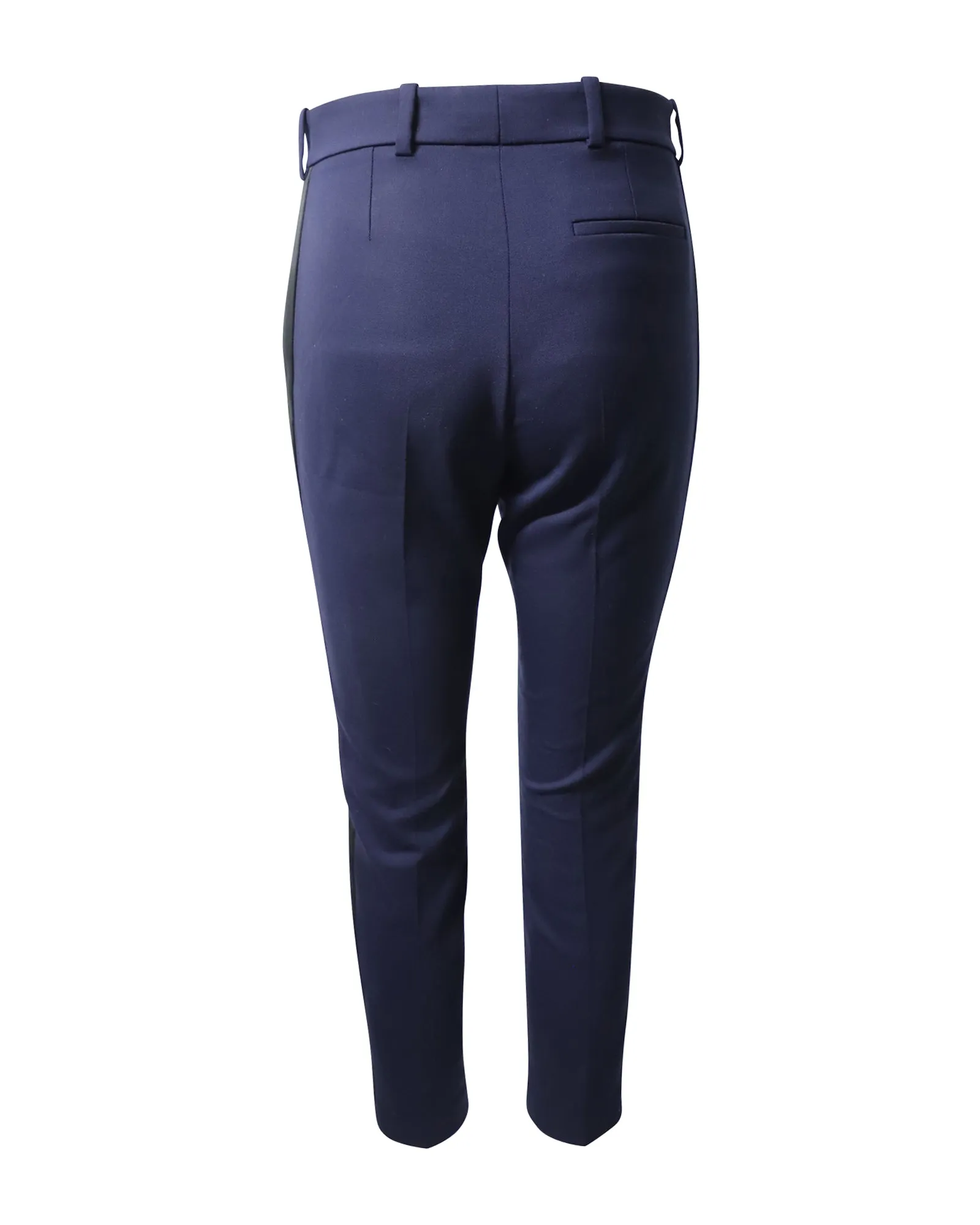 Racil Cropped Cigarette Trousers with Black Side Stripe in Navy Blue Wool