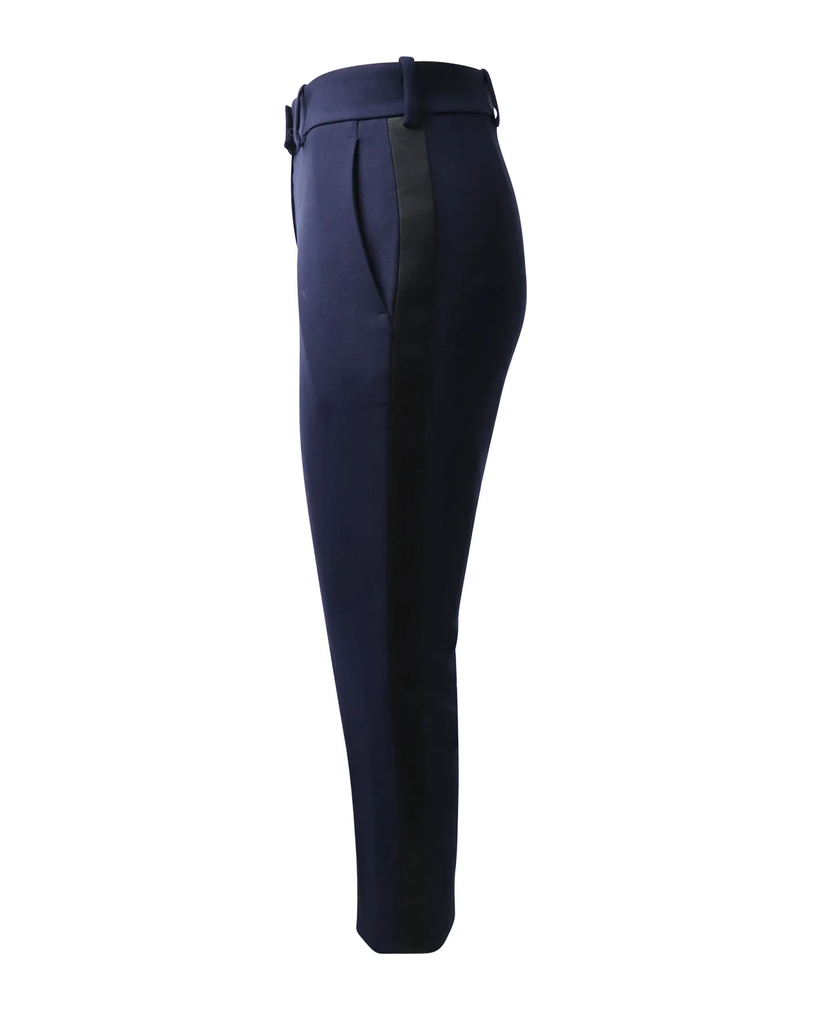 Racil Cropped Cigarette Trousers with Black Side Stripe in Navy Blue Wool