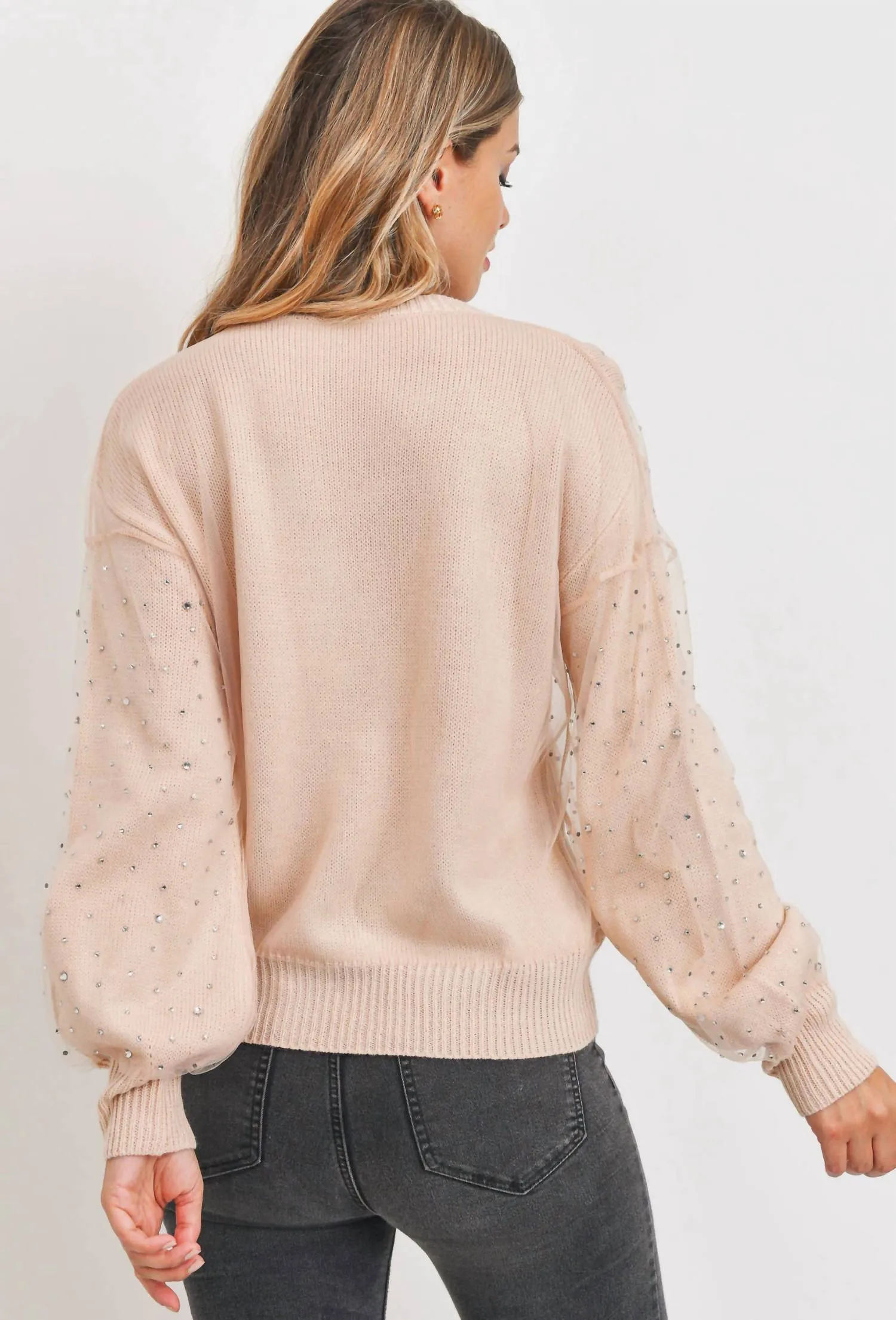 Rhinestone Sheer Overlay Sweater In Blush