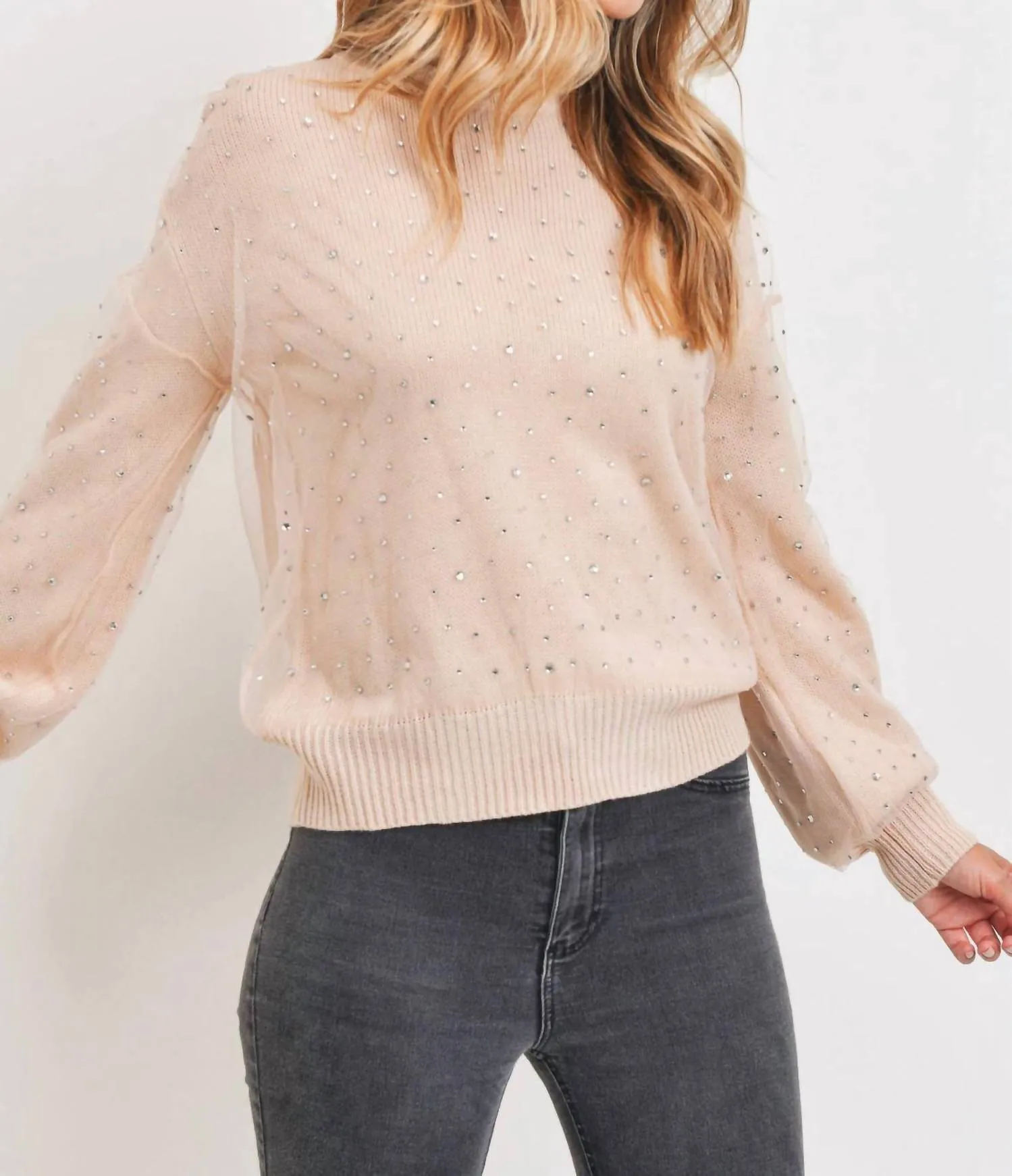 Rhinestone Sheer Overlay Sweater In Blush