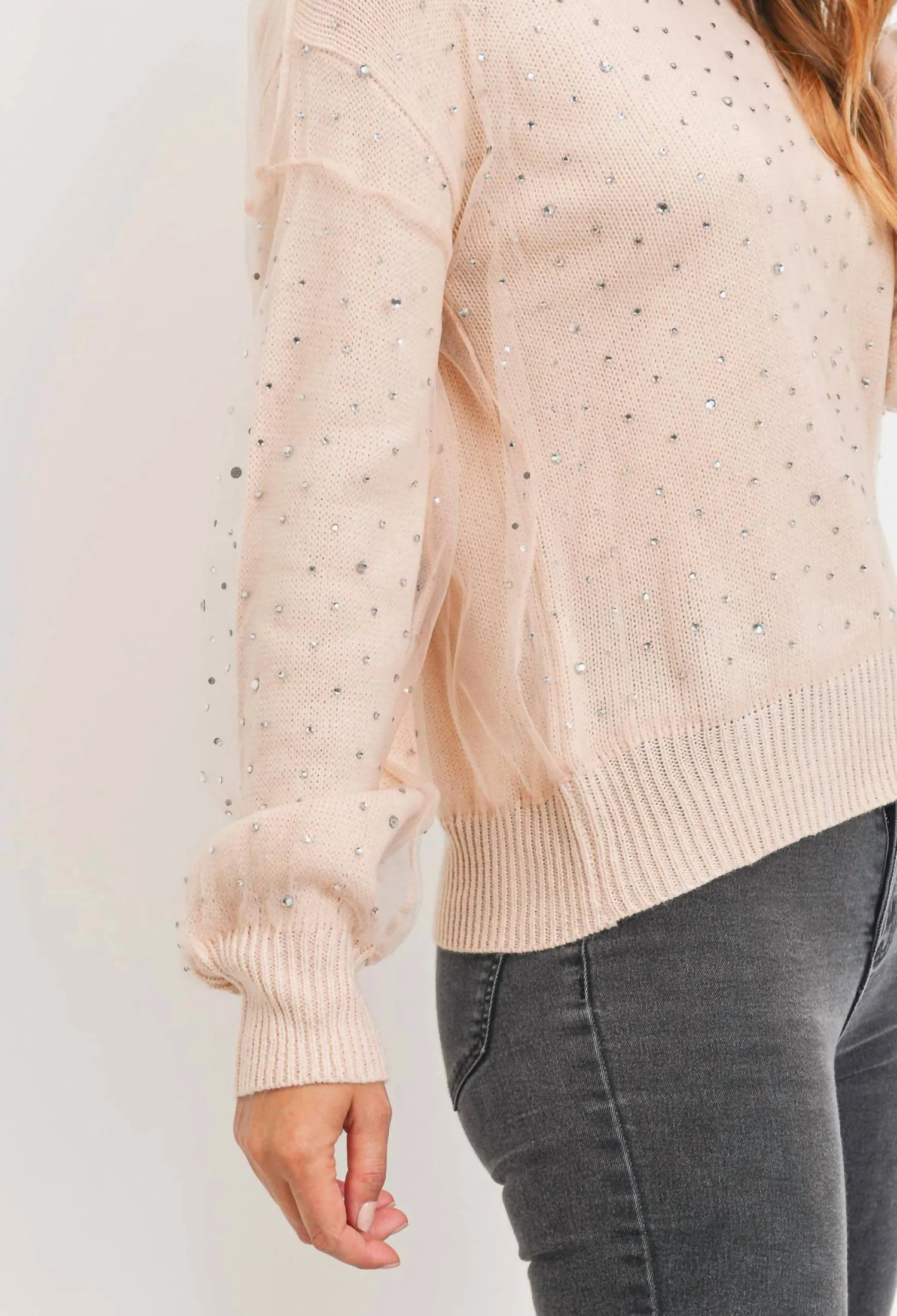 Rhinestone Sheer Overlay Sweater In Blush
