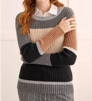 Ribbed Color Block Crew Neck Sweater In Charcoal