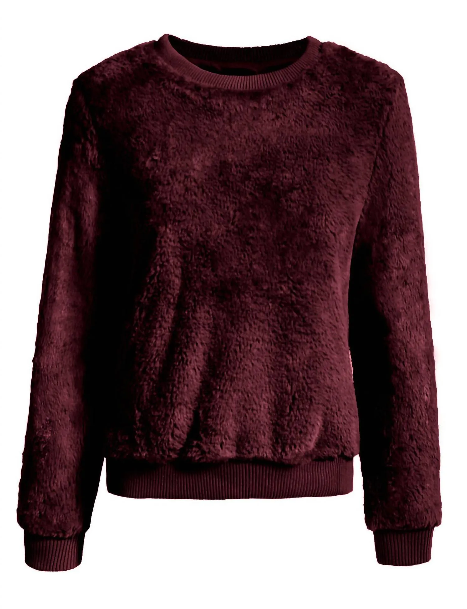 Ribbed Fuzzy Crewneck Pullover Sweater In Wine