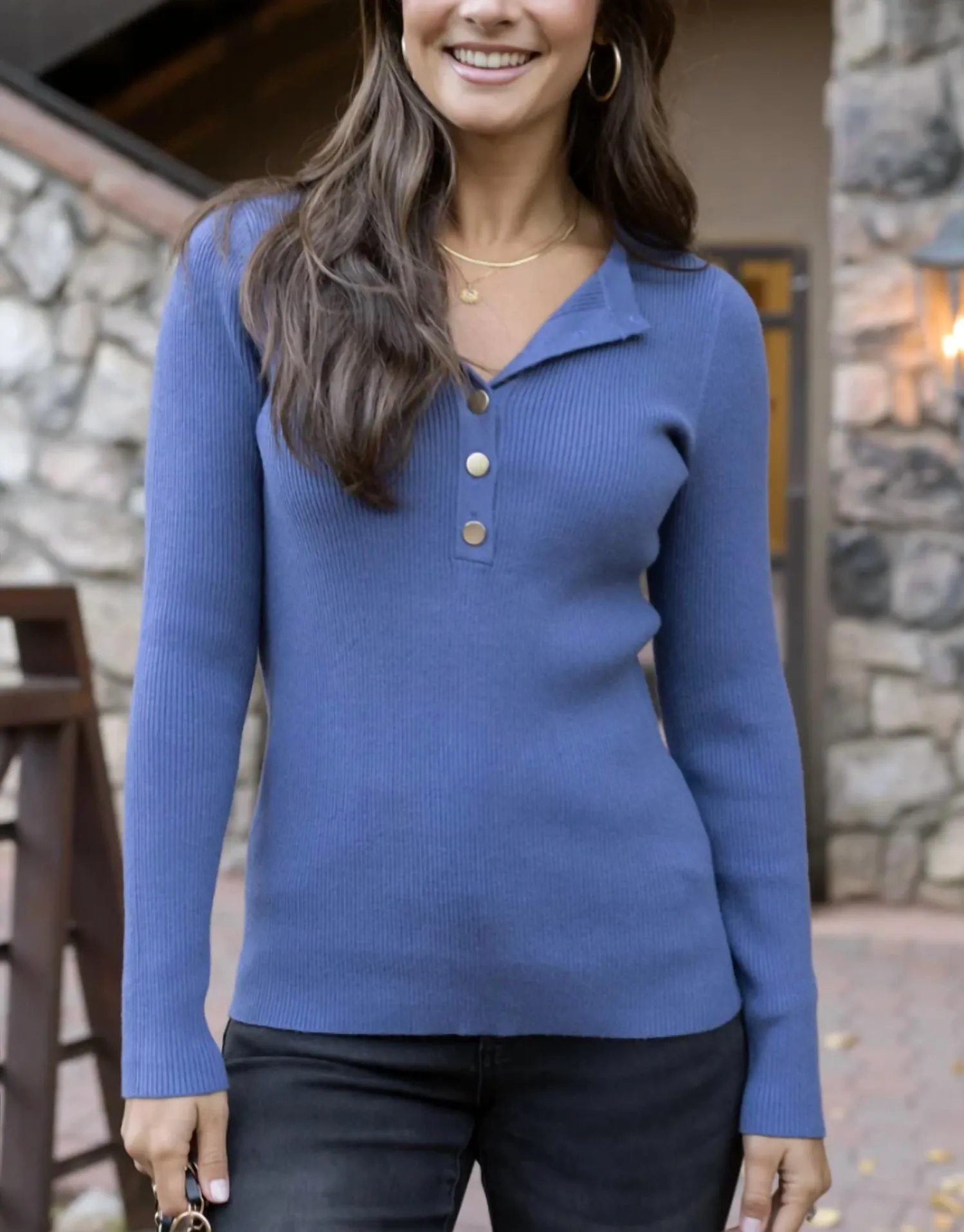 Ribbed Henley Sweater In English Blue