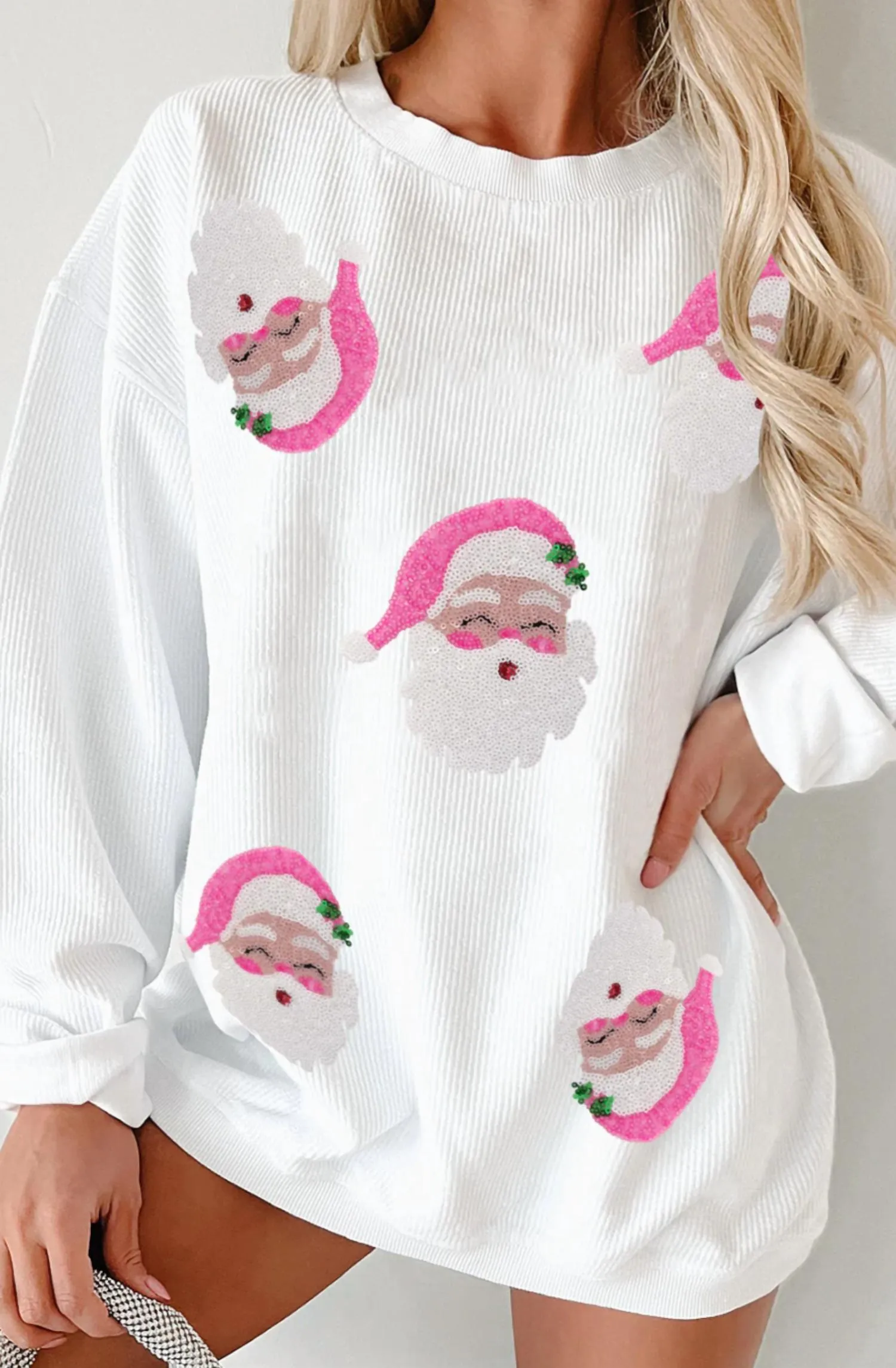 Ribbed Sequin Santa Sweatshirt In Creamy White