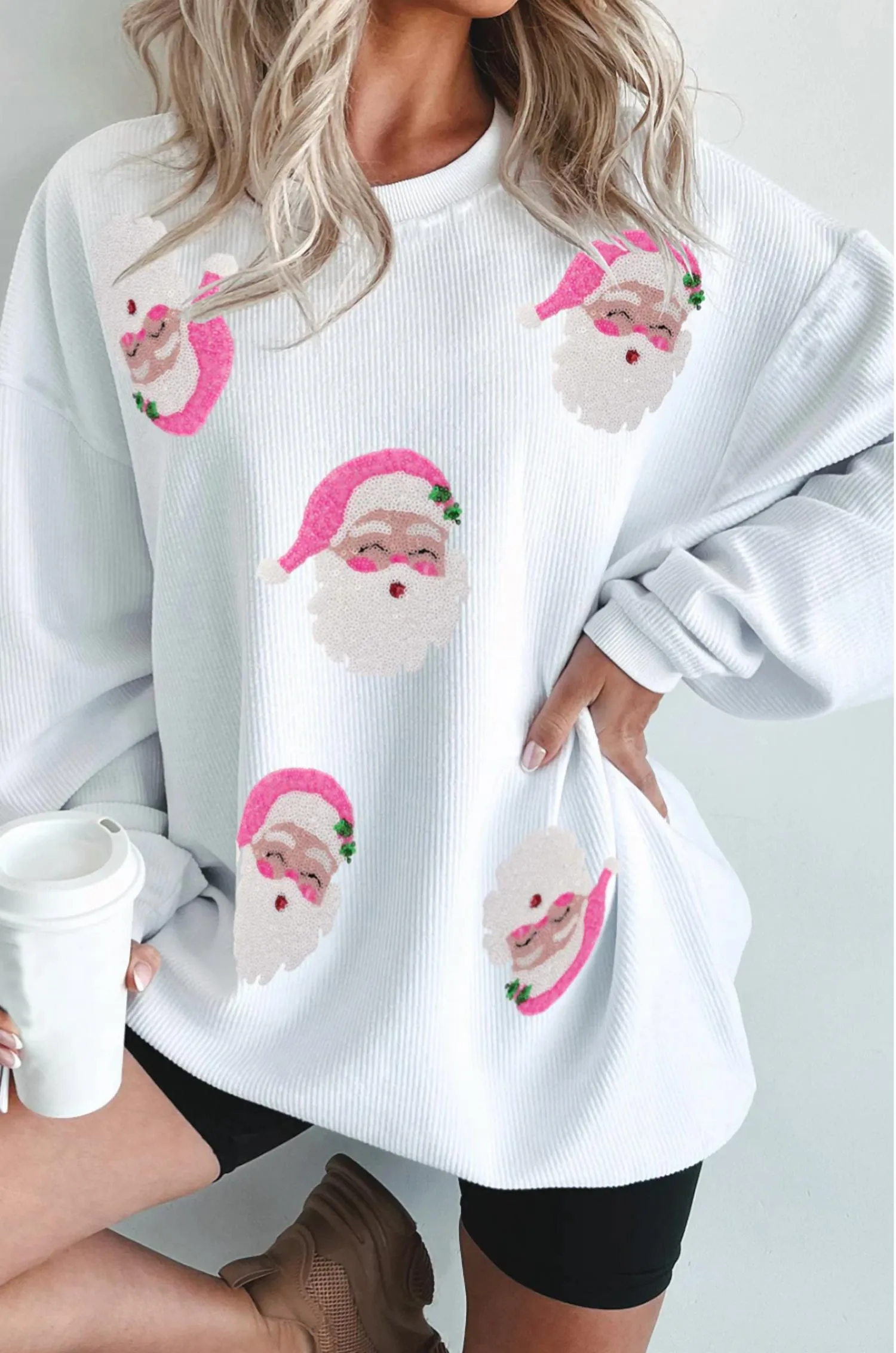 Ribbed Sequin Santa Sweatshirt In Creamy White