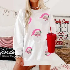 Ribbed Sequin Santa Sweatshirt In Creamy White