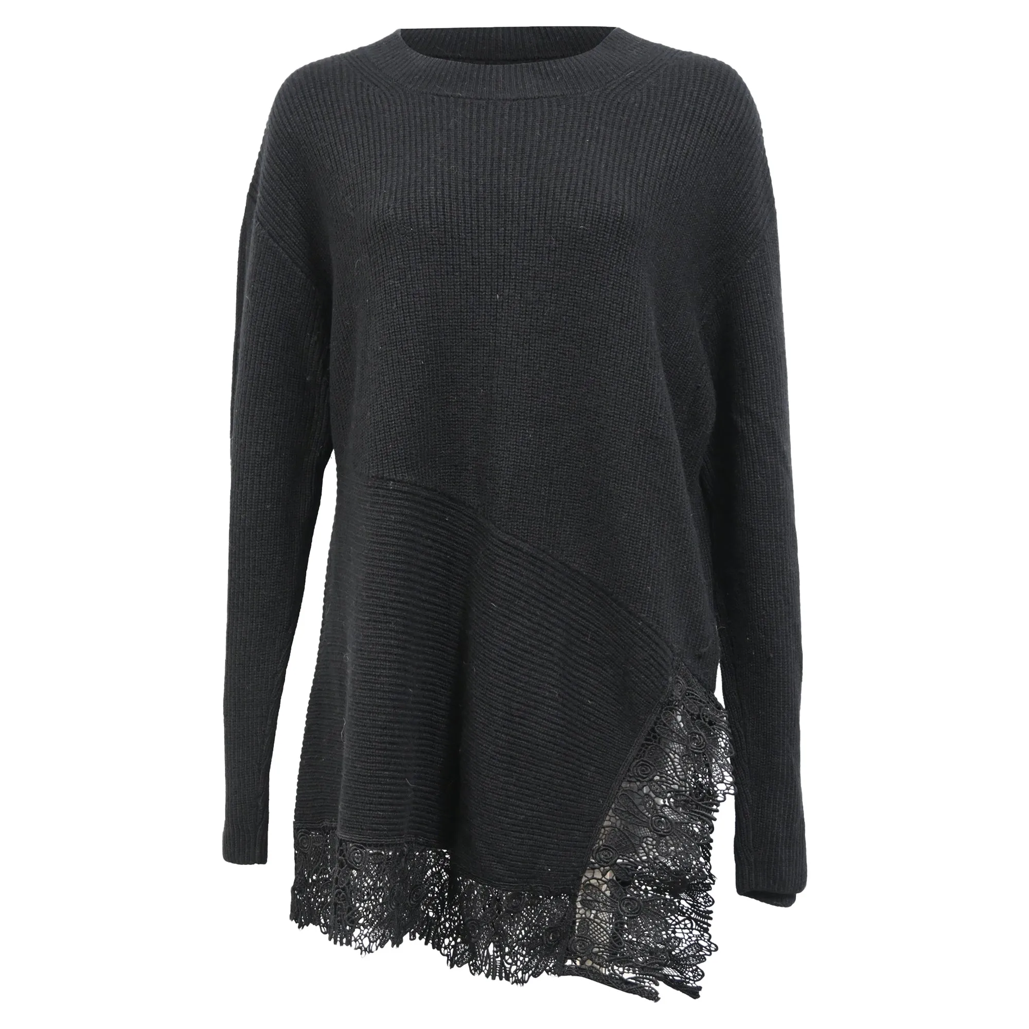Sandro Paris Knitted Lace Trim Sweater in Black Wool