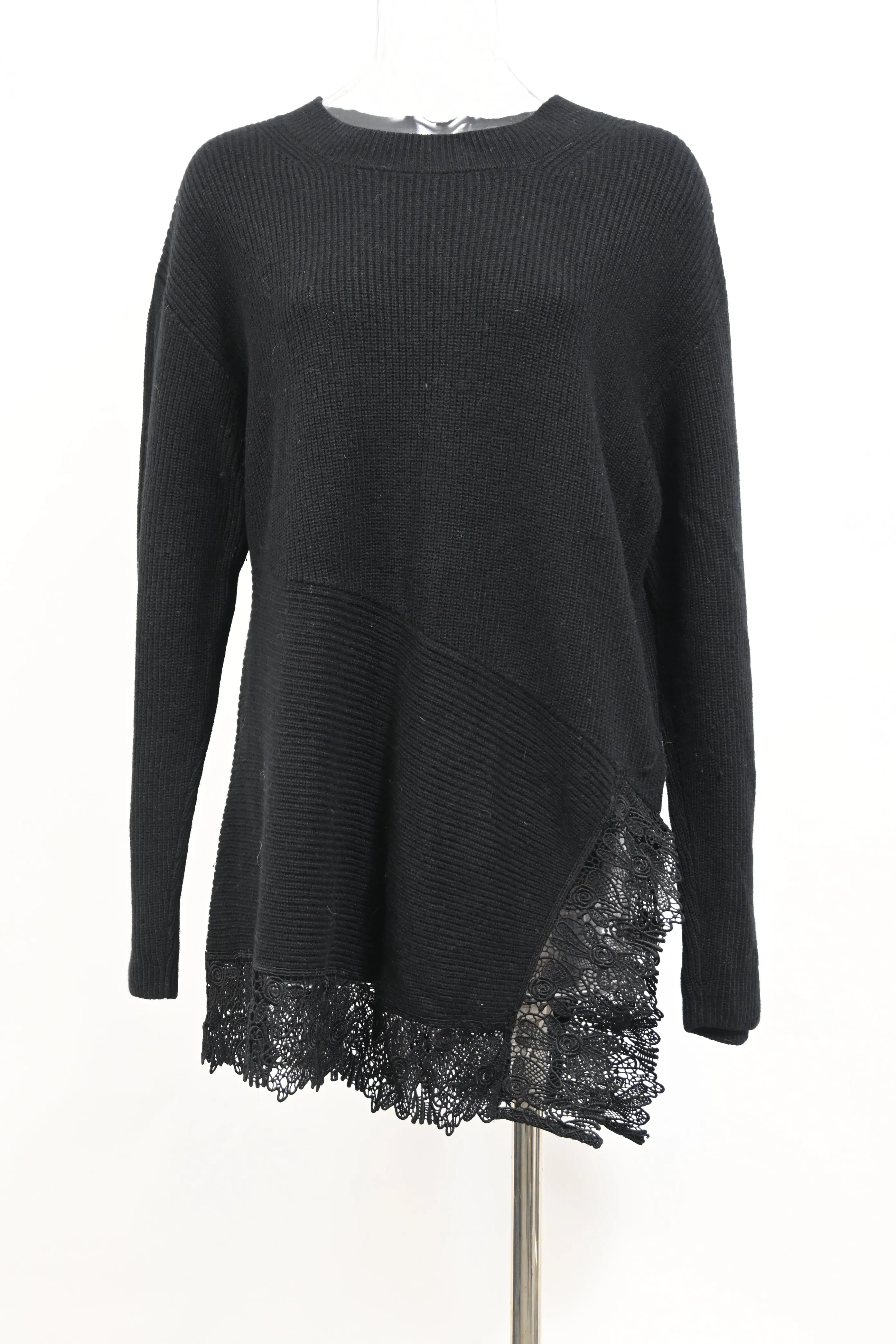 Sandro Paris Knitted Lace Trim Sweater in Black Wool