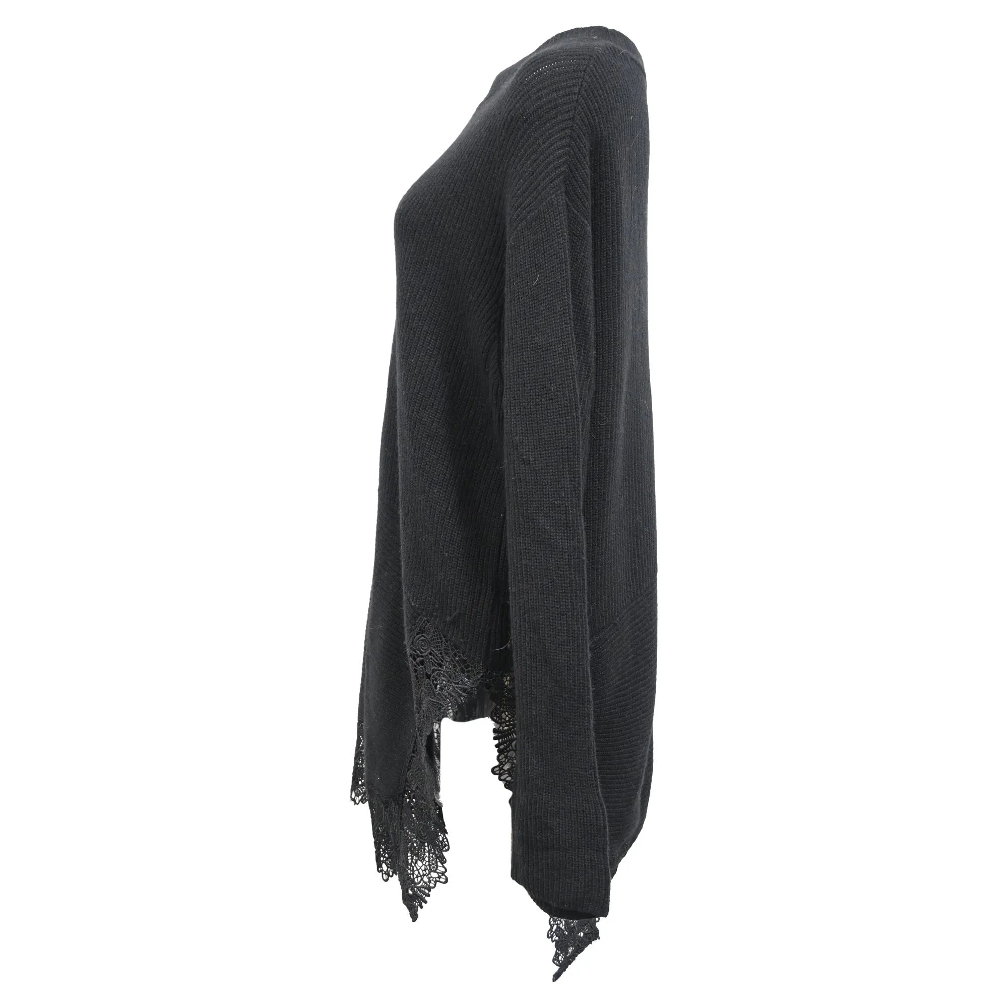 Sandro Paris Knitted Lace Trim Sweater in Black Wool