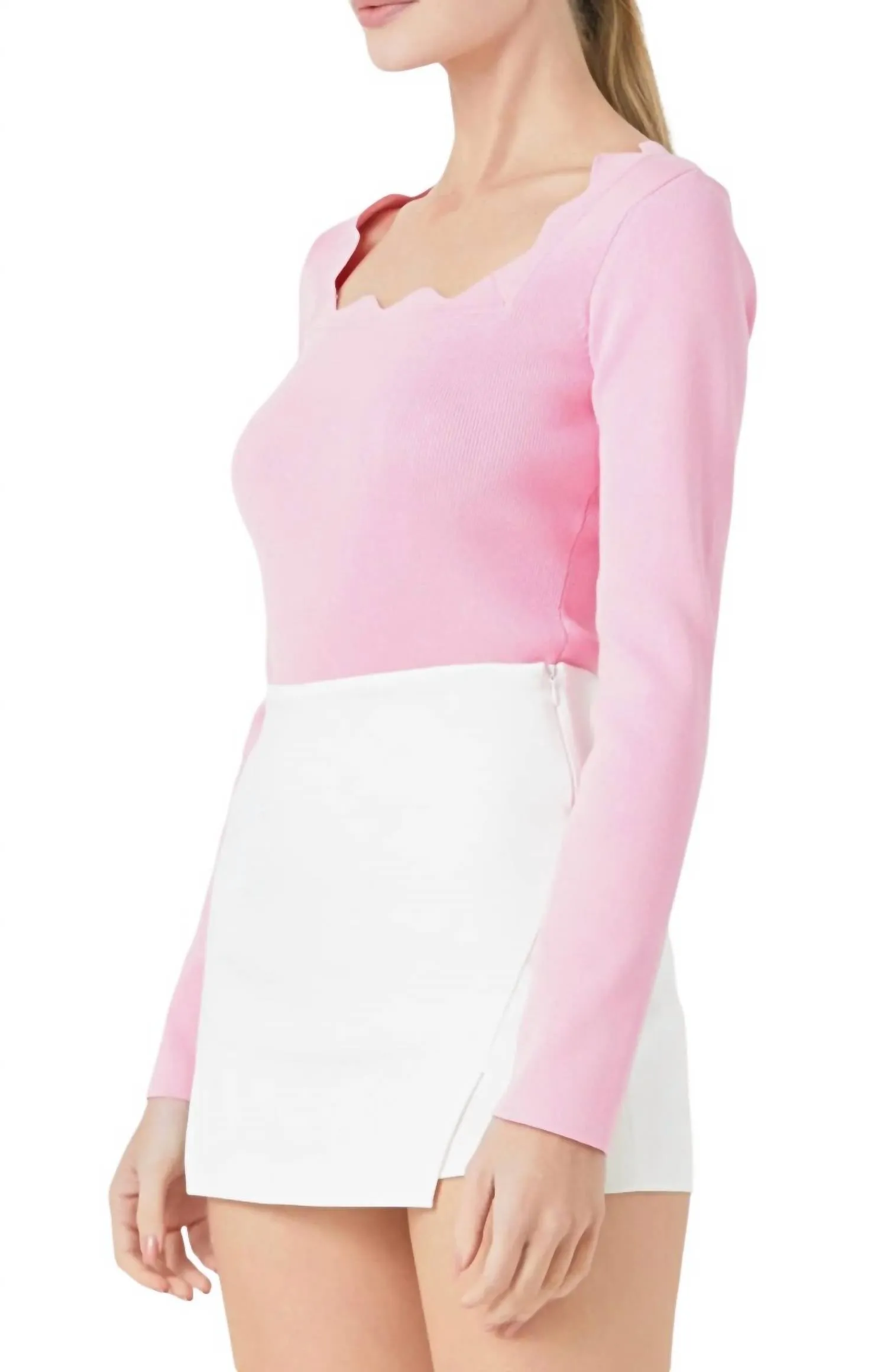 Scallop Square Neck Sweater In Pink