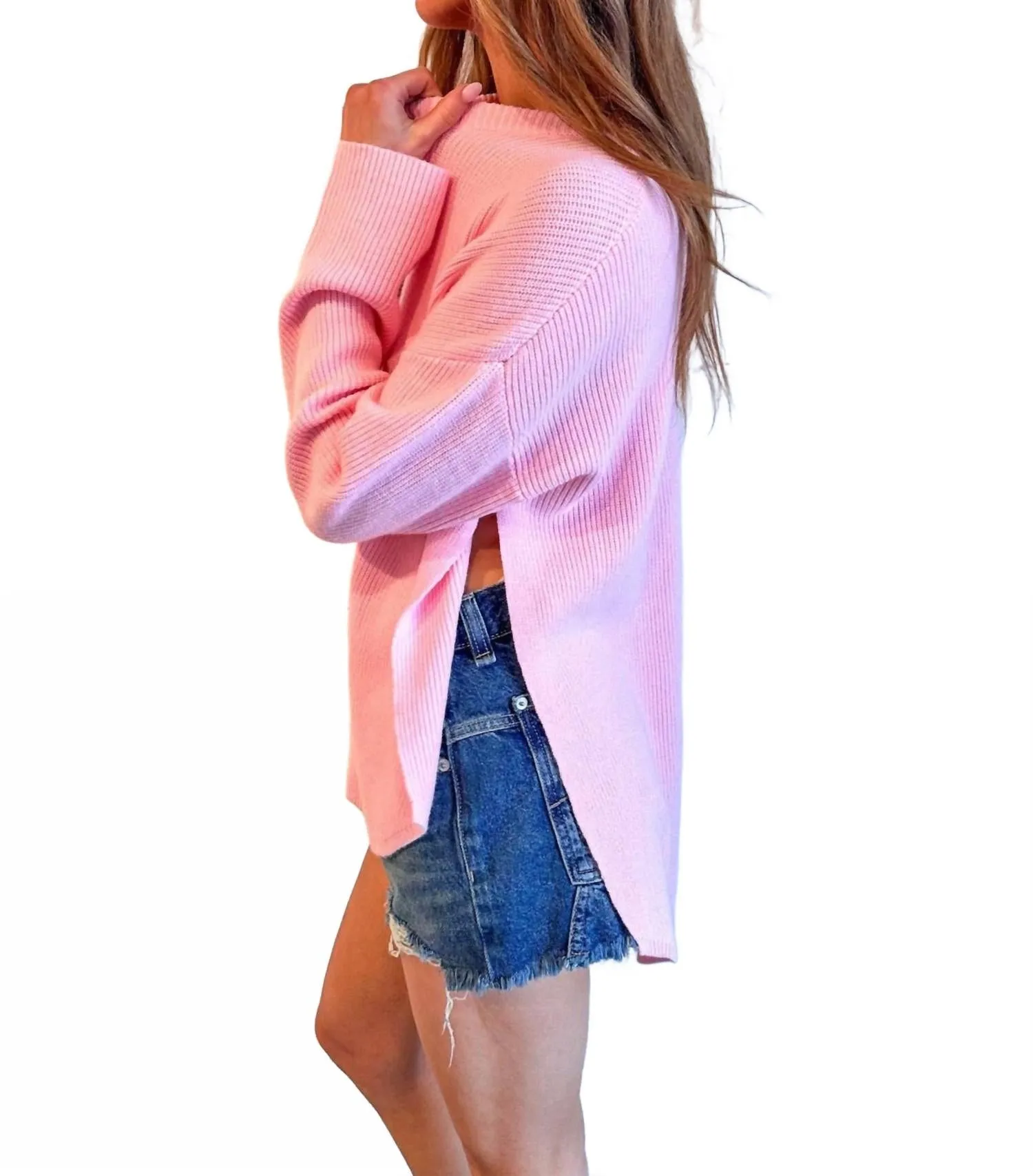 Side Slit Sweater In Baby Pink