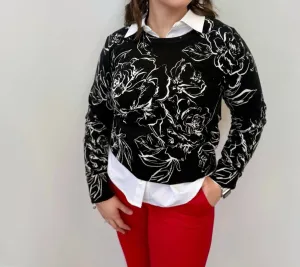 Silvana Floral Knit Long Sleeve Sweater In Black
