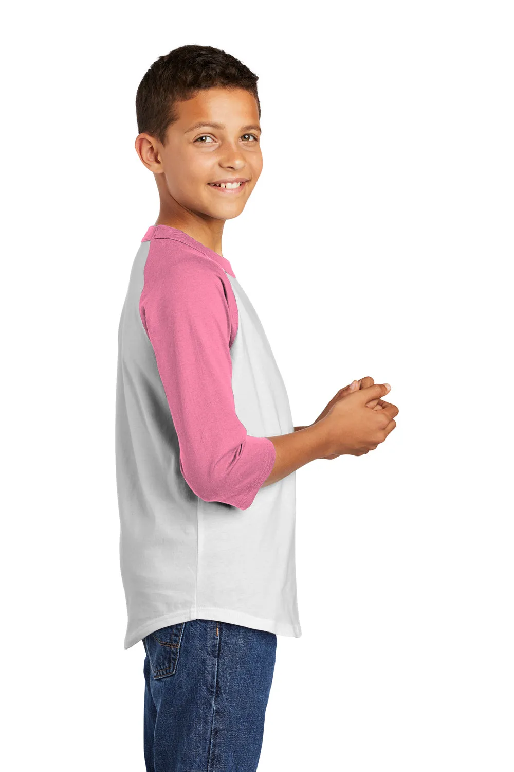 Sport-Tek Youth 3/4 Sleeve Crewneck T-Shirt - White/Bright Pink